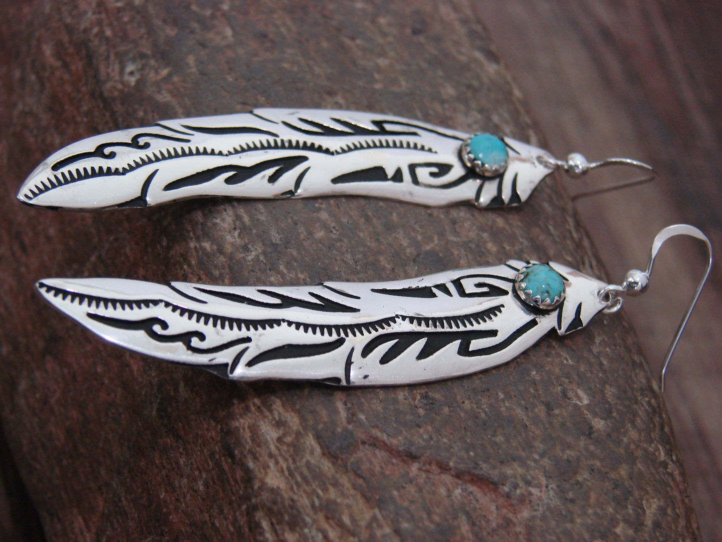 Native American Sterling Silver Feather & Turquoise Dangle Earrings - Singer