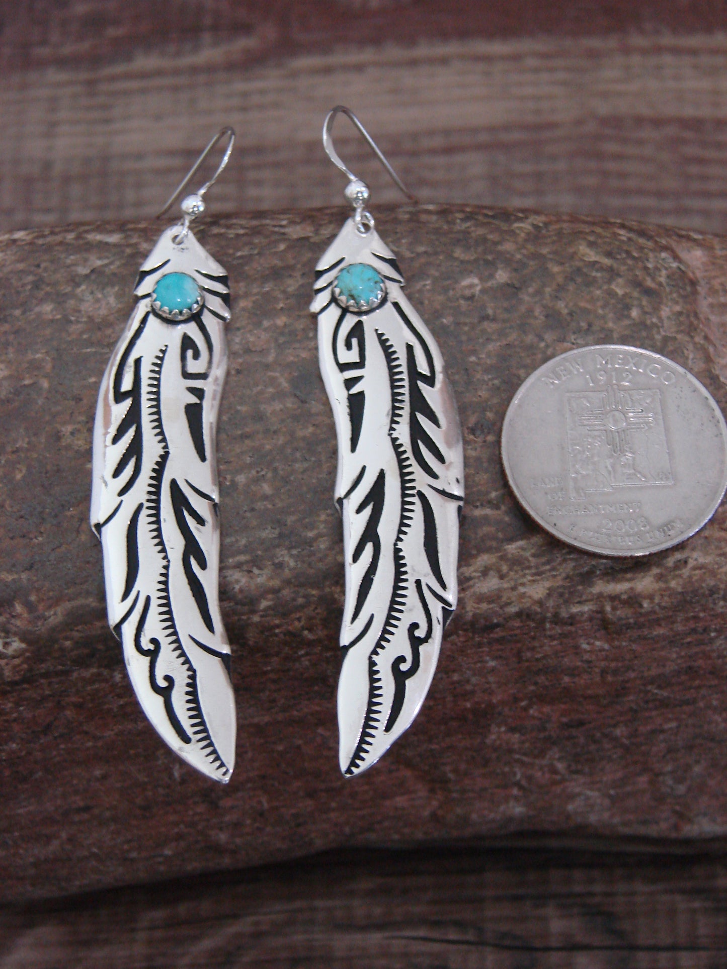 Native American Sterling Silver Feather & Turquoise Dangle Earrings - Singer