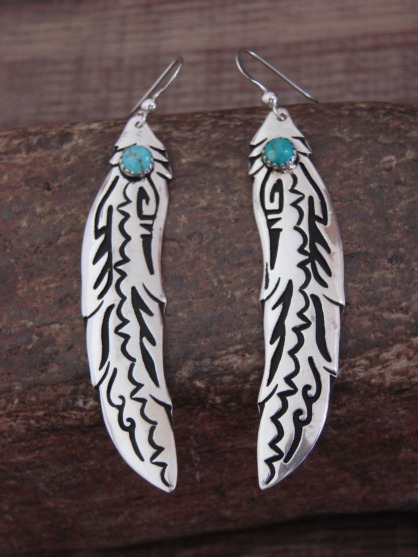 Native American Sterling Silver Feather & Turquoise Dangle Earrings - Singer