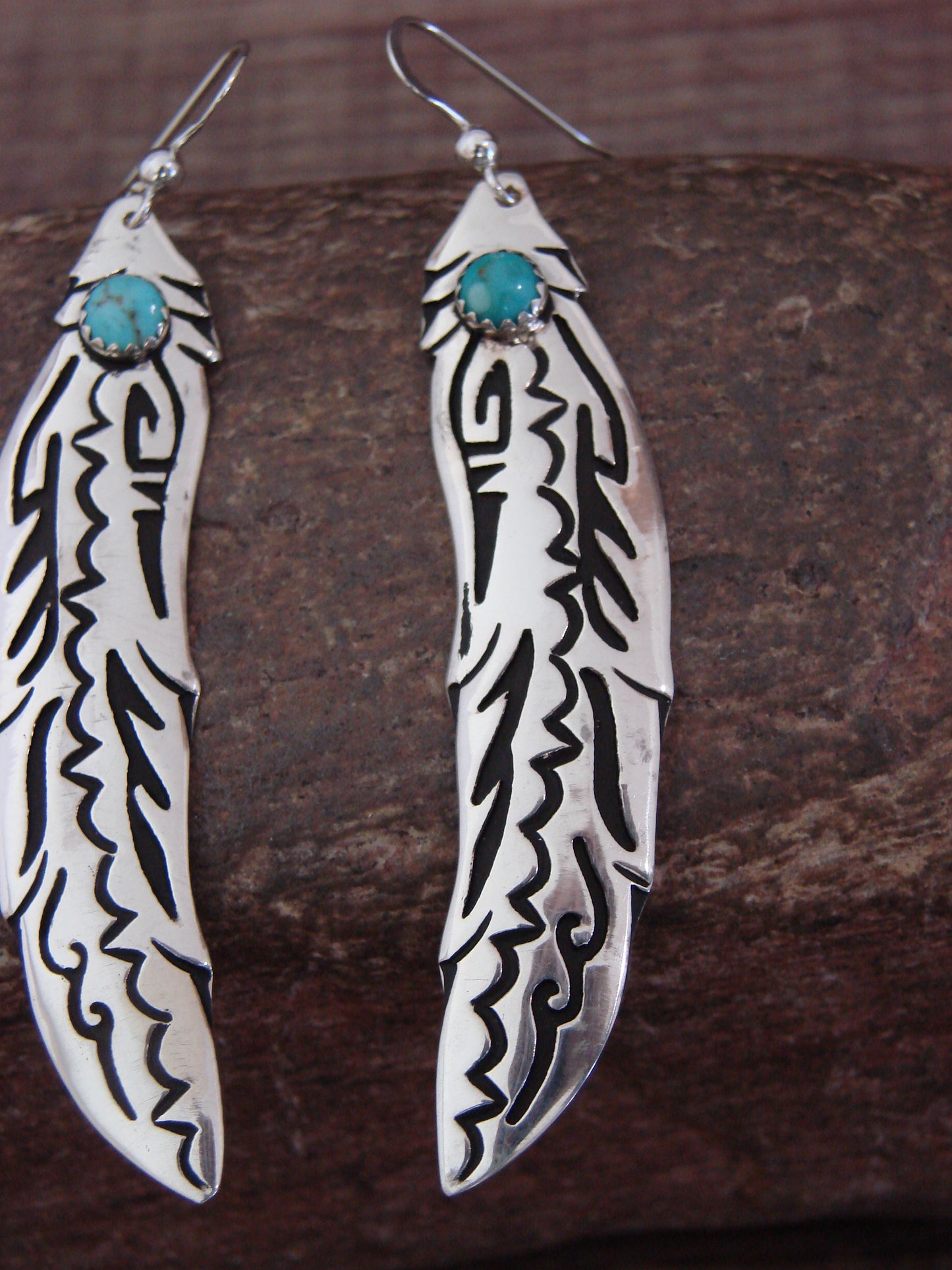Native American Sterling Silver Feather & Turquoise Dangle Earrings - Singer