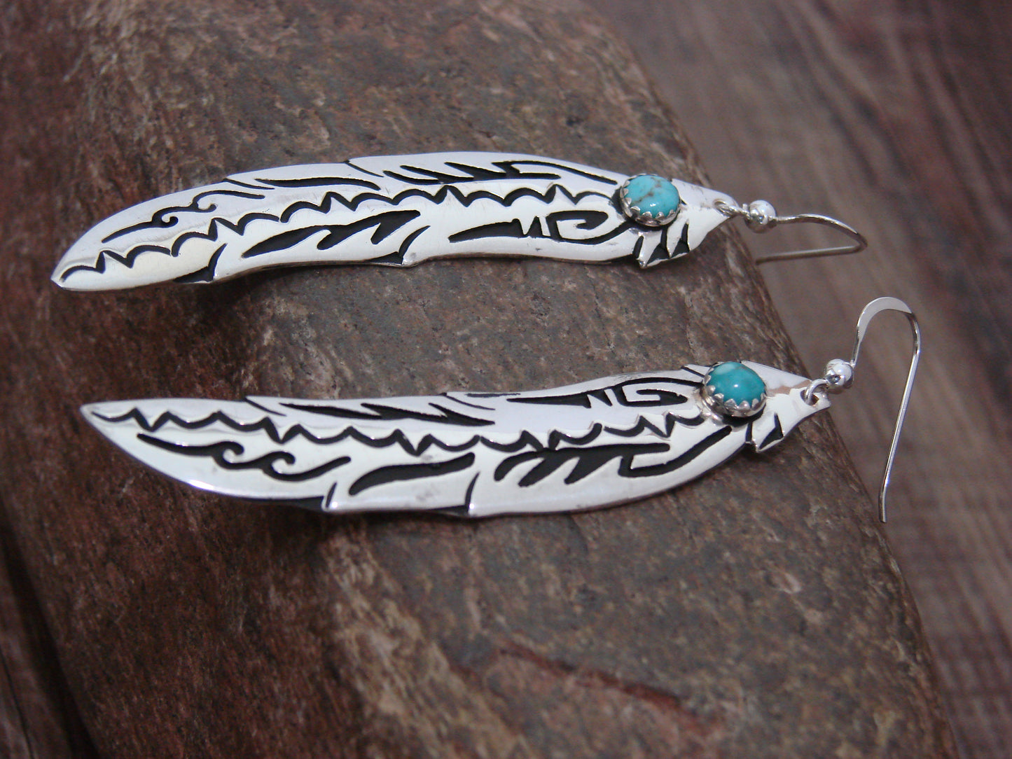 Native American Sterling Silver Feather & Turquoise Dangle Earrings - Singer