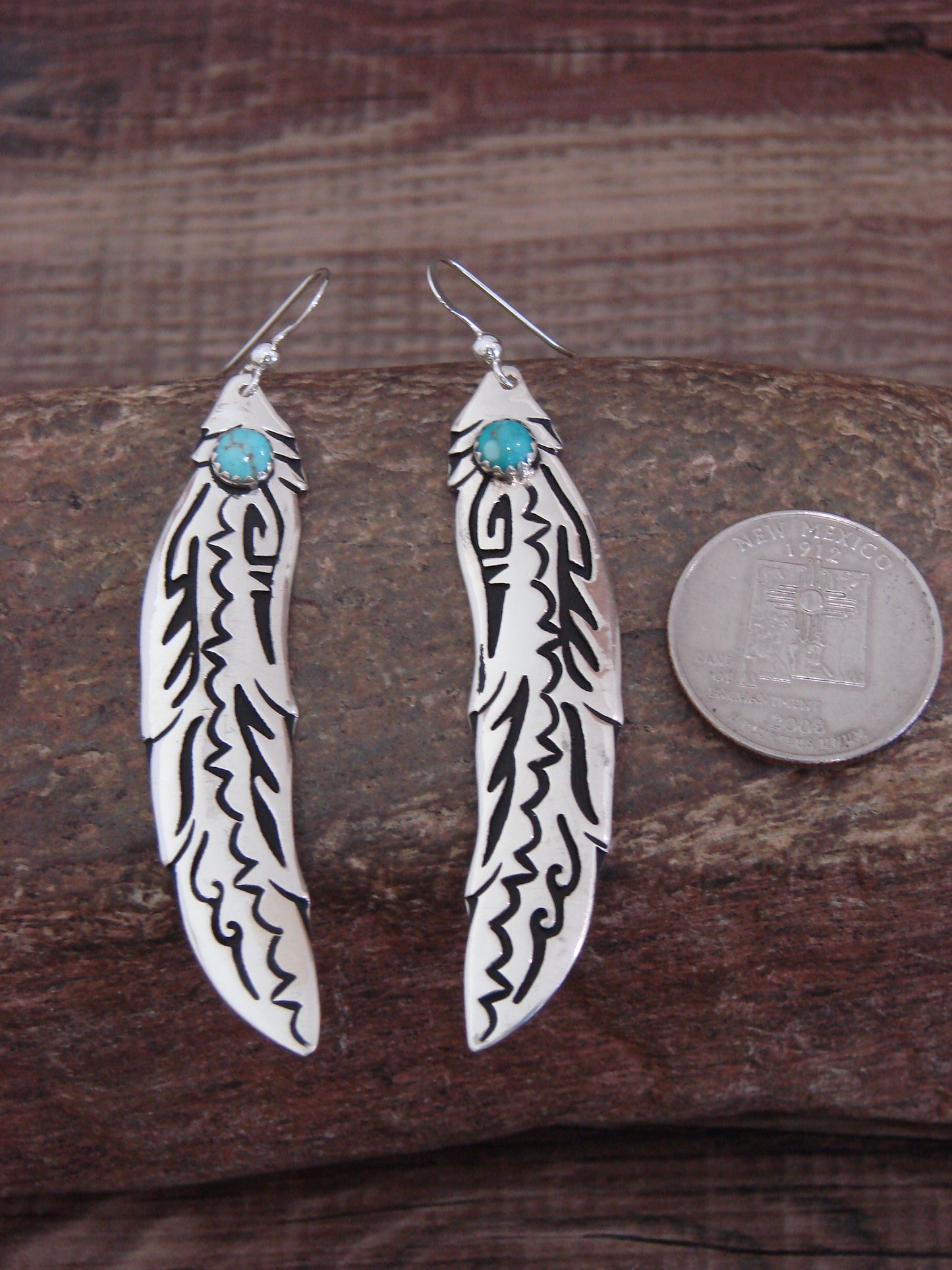 Native American Sterling Silver Feather & Turquoise Dangle Earrings - Singer