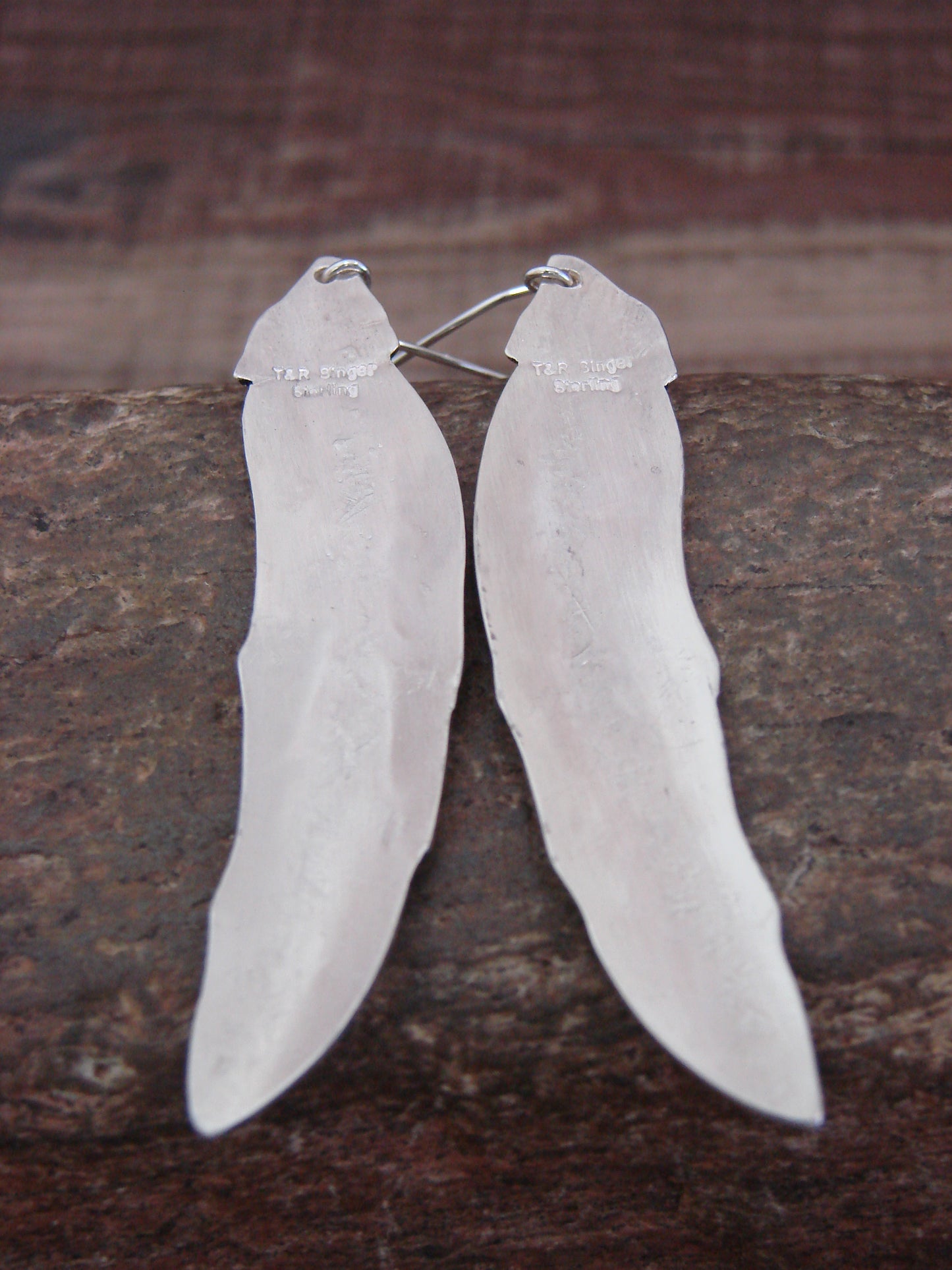 Native American Sterling Silver Feather & Turquoise Dangle Earrings - Singer