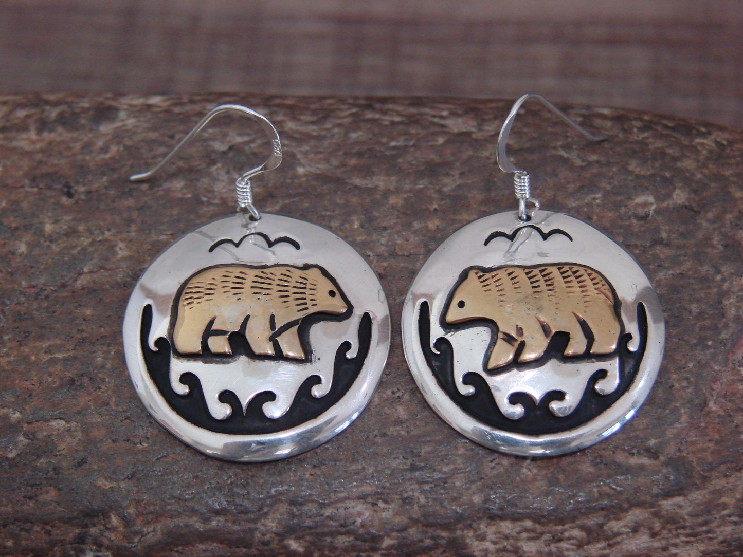 Native American Sterling Silver & Gold Fill Bear Dangle Earrings - Singer