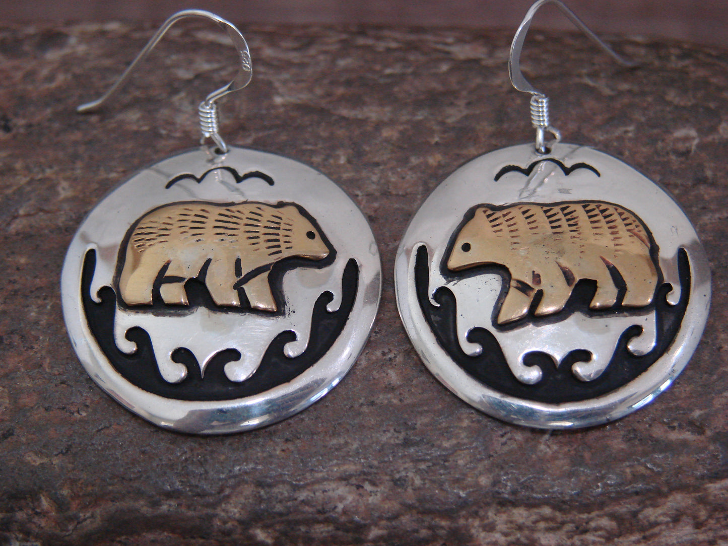 Native American Sterling Silver & Gold Fill Bear Dangle Earrings - Singer