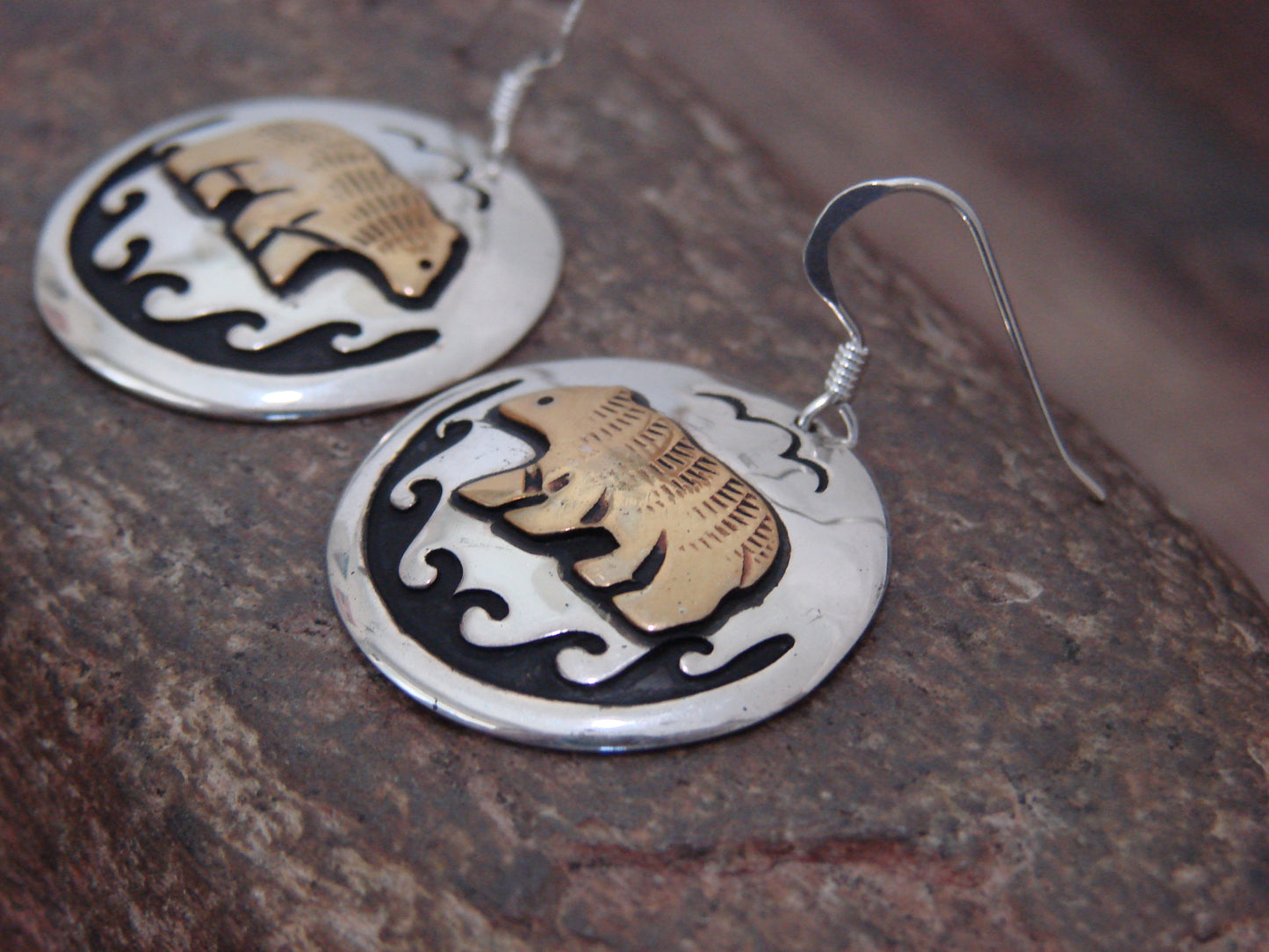 Native American Sterling Silver & Gold Fill Bear Dangle Earrings - Singer