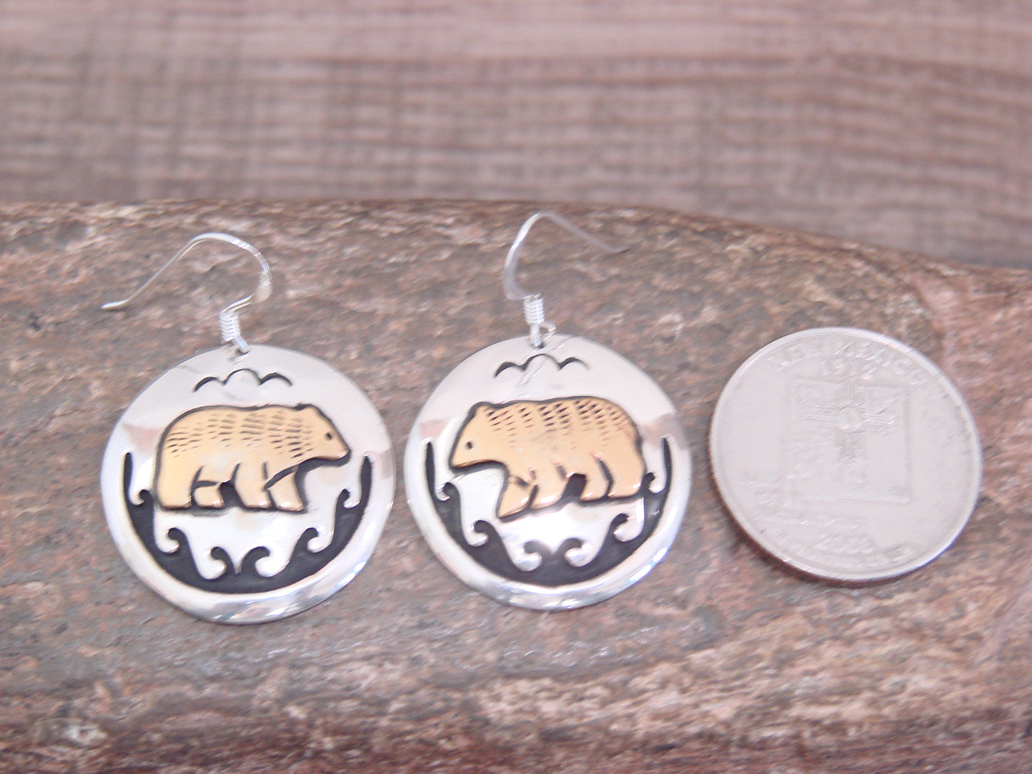 Native American Sterling Silver & Gold Fill Bear Dangle Earrings - Singer