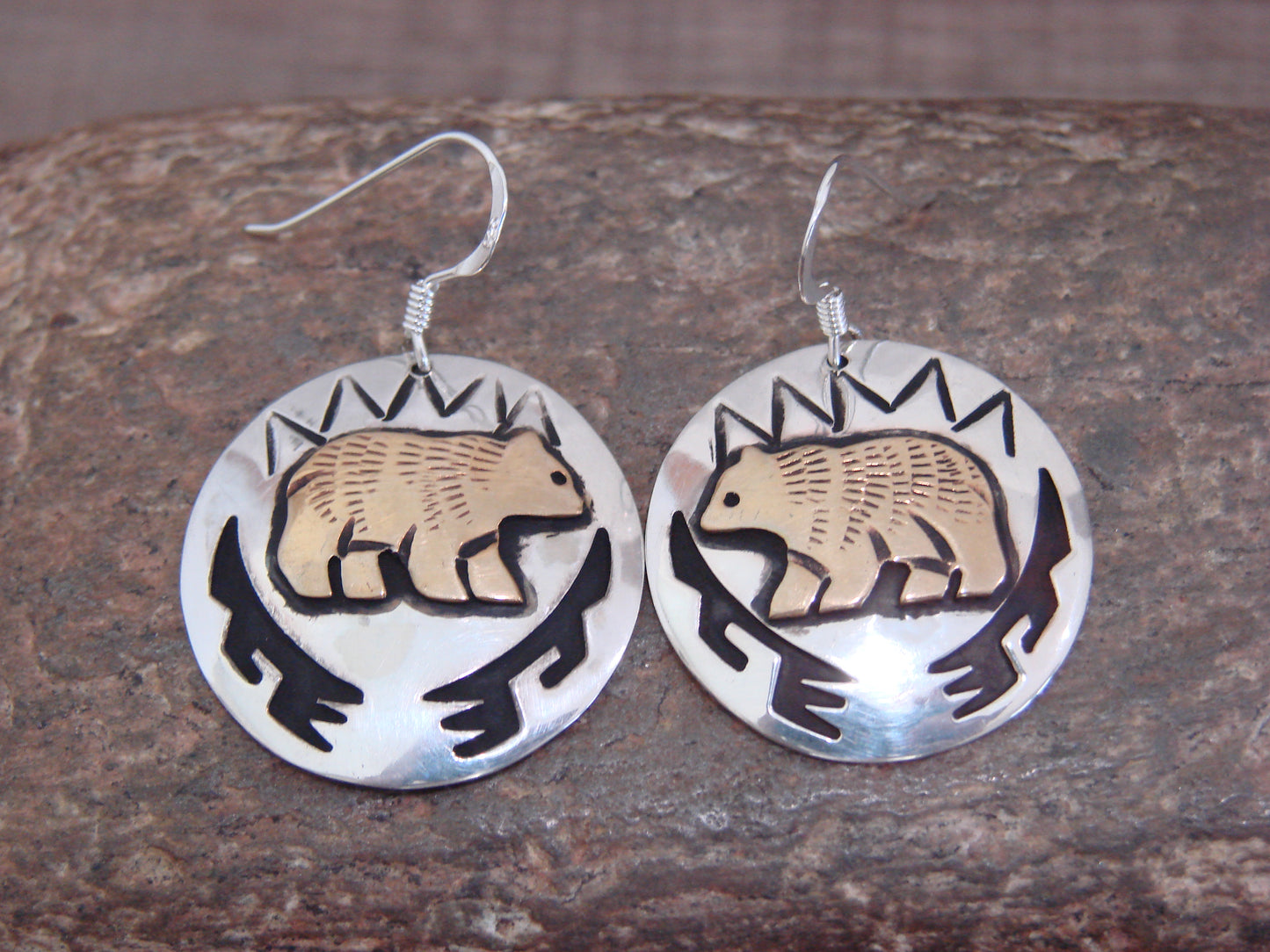 Native American Sterling Silver & Gold Fill Bear Dangle Earrings - Singer