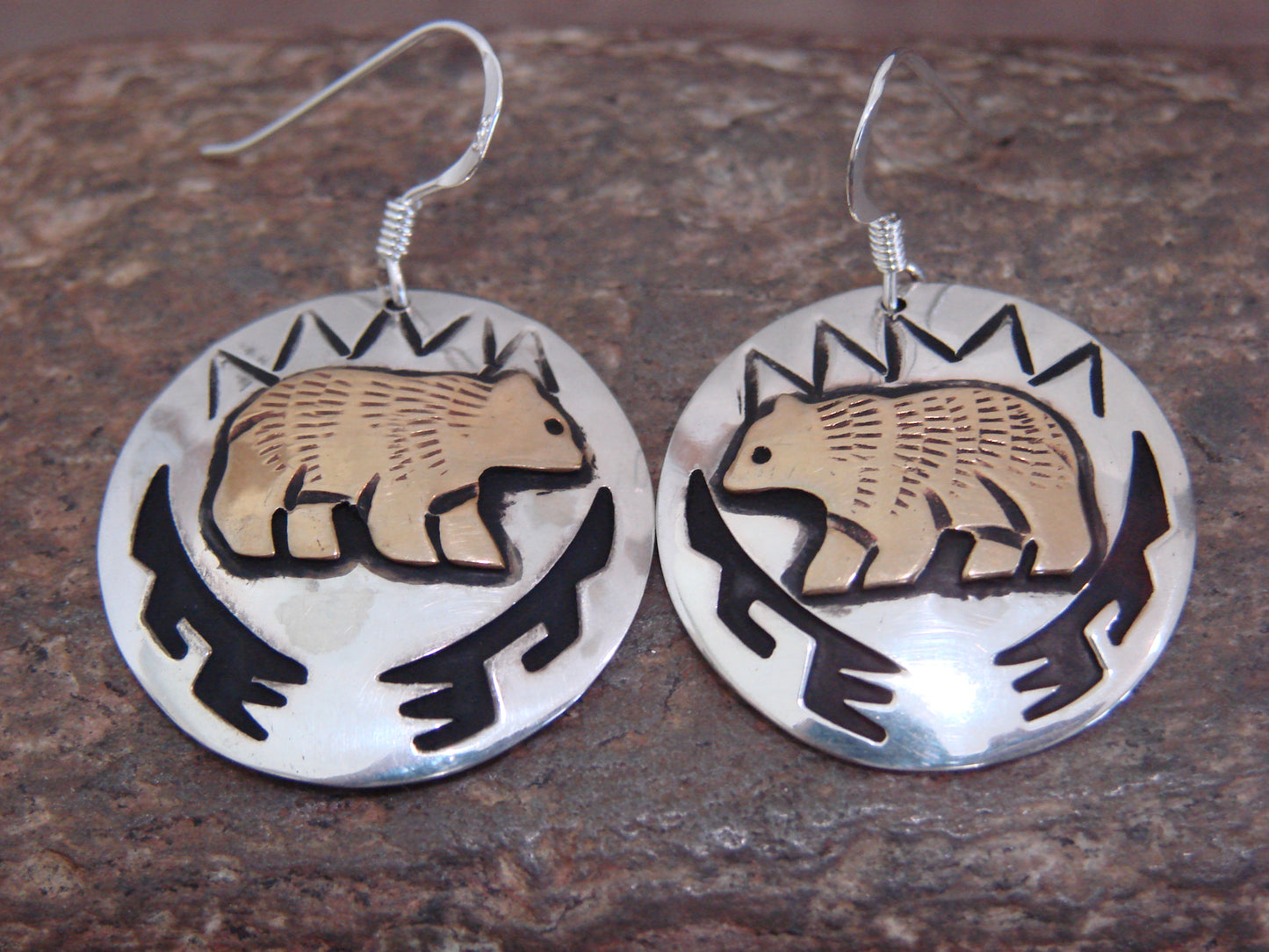 Native American Sterling Silver & Gold Fill Bear Dangle Earrings - Singer