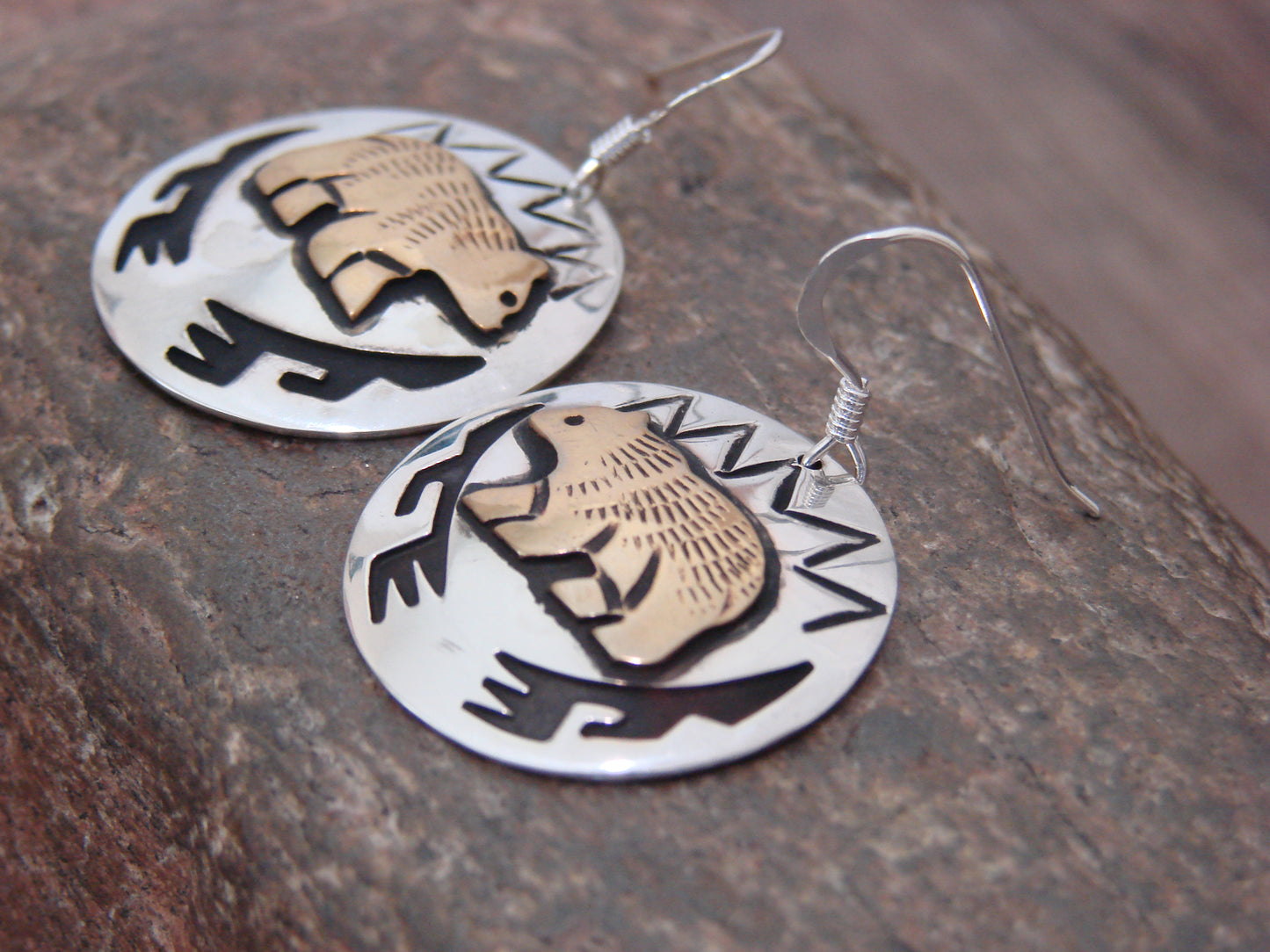 Native American Sterling Silver & Gold Fill Bear Dangle Earrings - Singer