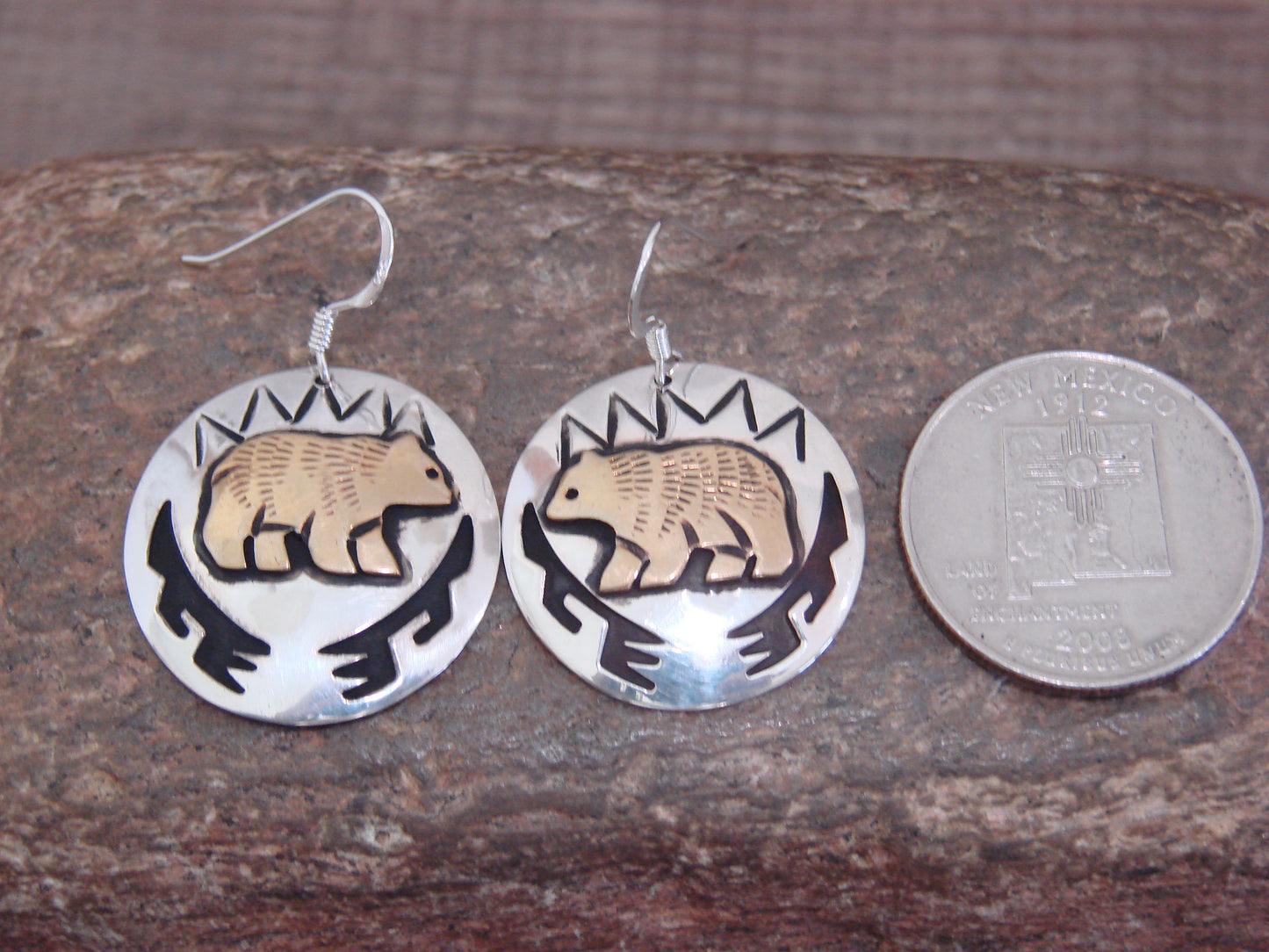 Native American Sterling Silver & Gold Fill Bear Dangle Earrings - Singer