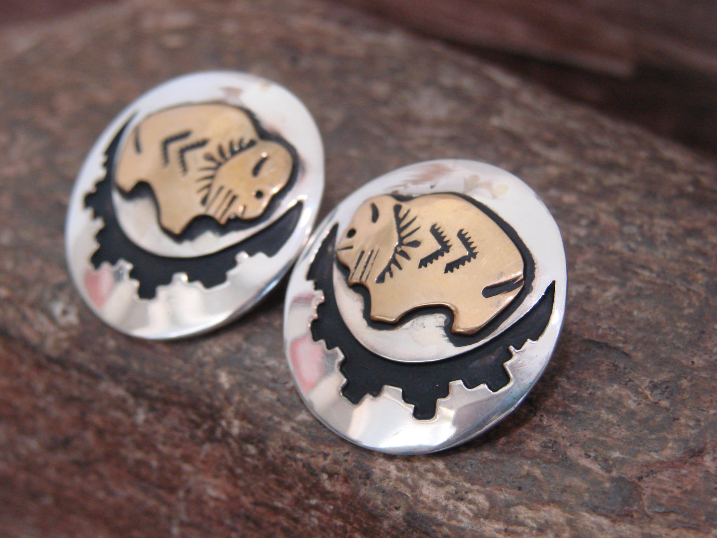 Native American Sterling Silver & Gold Fill Buffalo Post Earrings - Singer