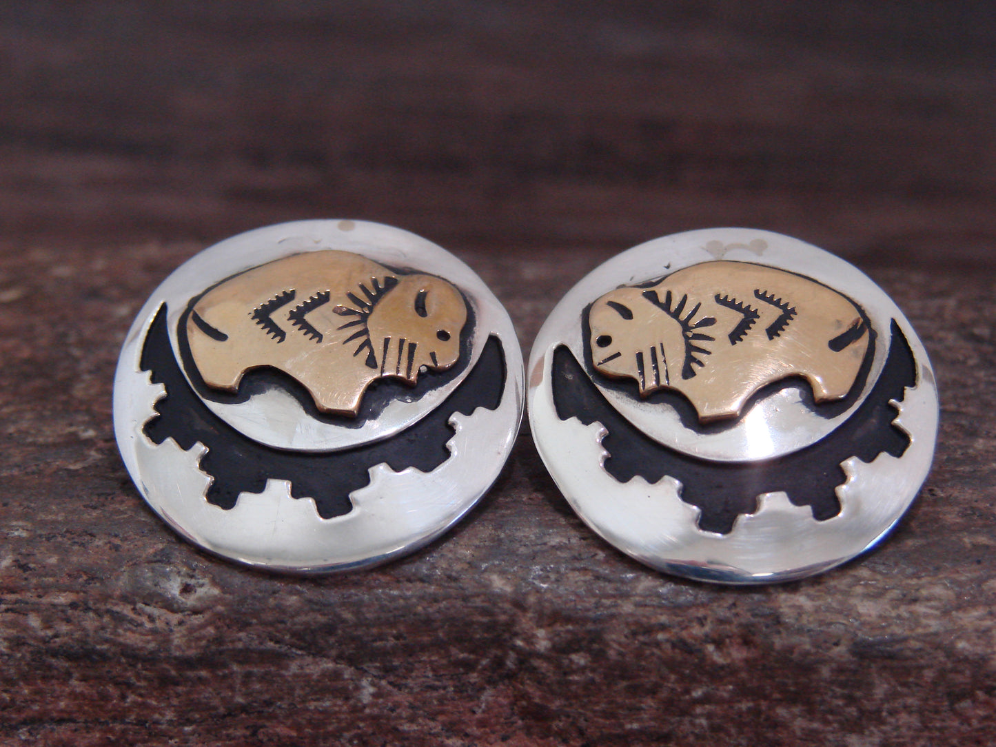 Native American Sterling Silver & Gold Fill Buffalo Post Earrings - Singer
