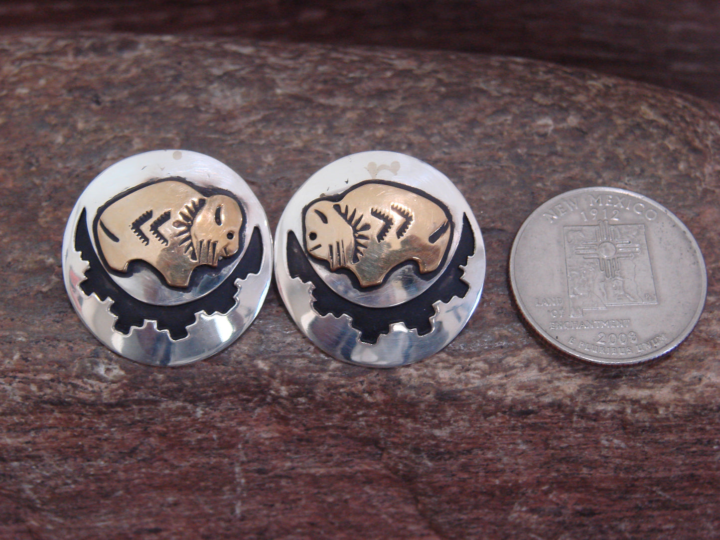 Native American Sterling Silver & Gold Fill Buffalo Post Earrings - Singer