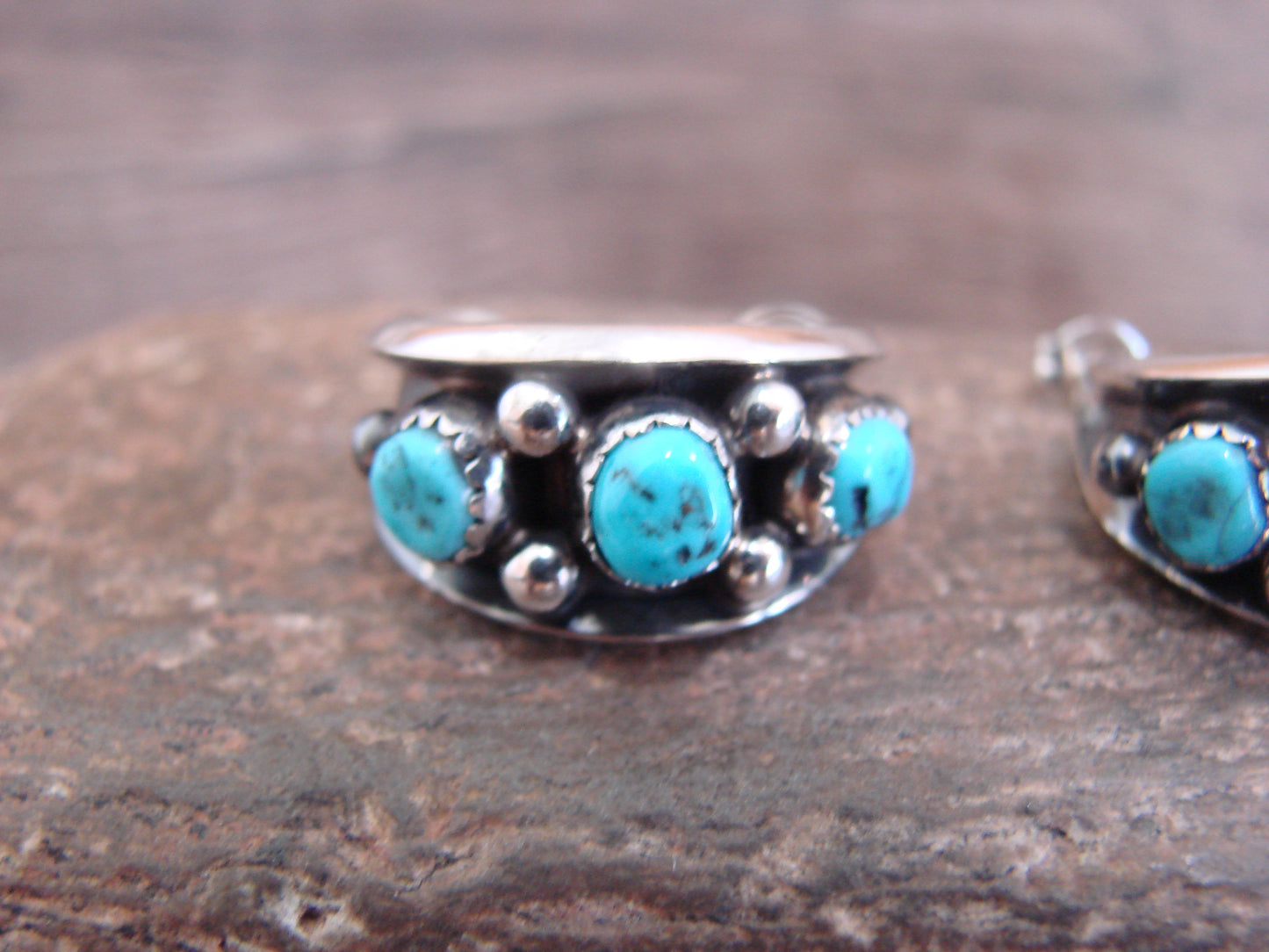 Native American Indian Sterling Silver & Turquoise 3/4" Hoop Earrings - Largo