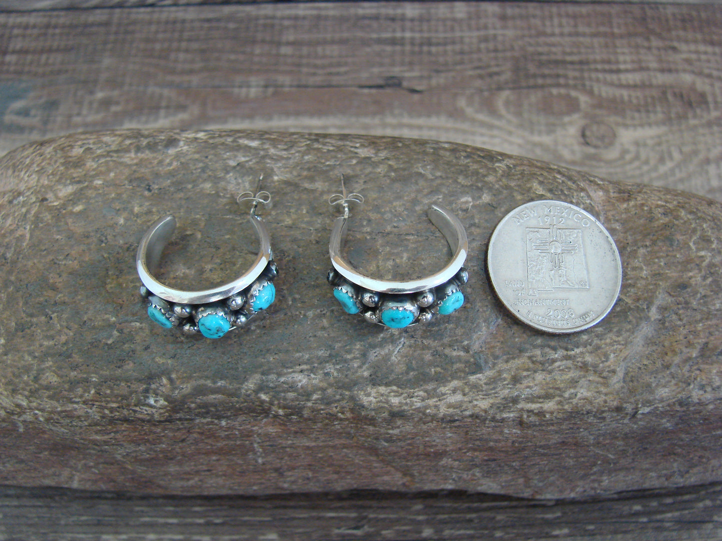 Native American Indian Sterling Silver & Turquoise 3/4" Hoop Earrings - Largo