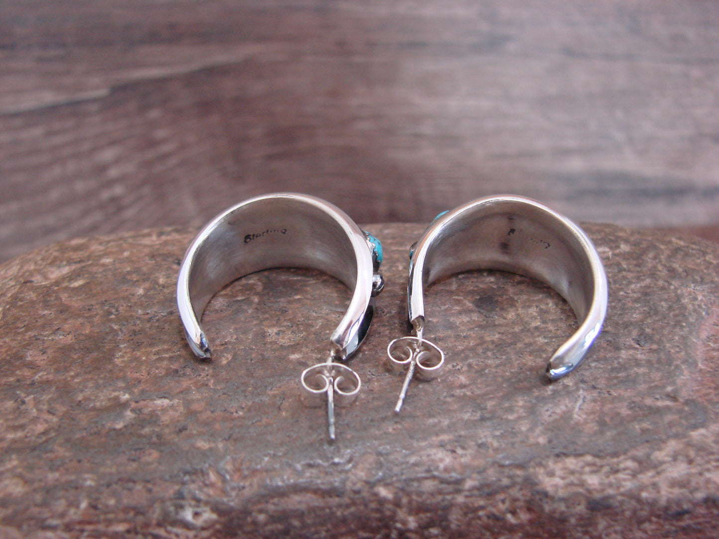 Native American Indian Sterling Silver & Turquoise 3/4" Hoop Earrings - Largo