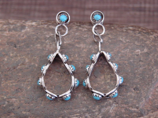 Native American Sterling Silver & Turquoise Post Dangle Earrings - Quam