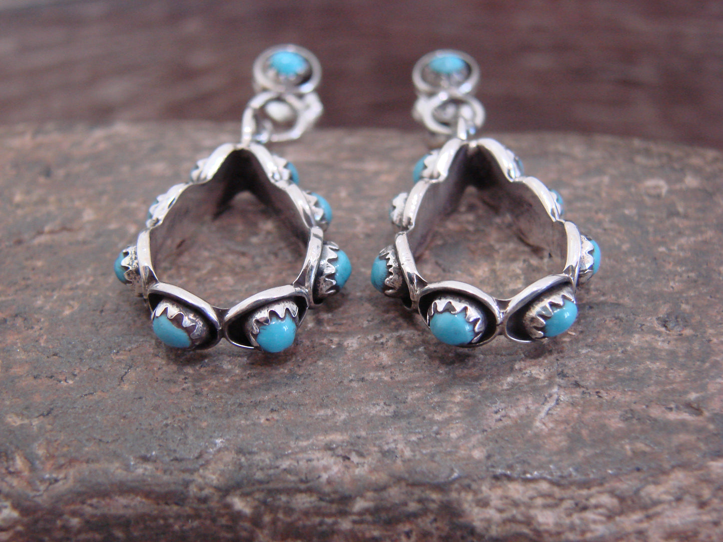 Native American Sterling Silver & Turquoise Post Dangle Earrings - Quam