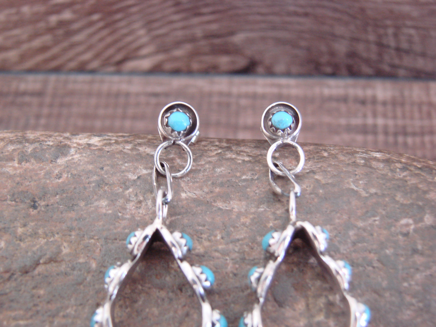 Native American Sterling Silver & Turquoise Post Dangle Earrings - Quam