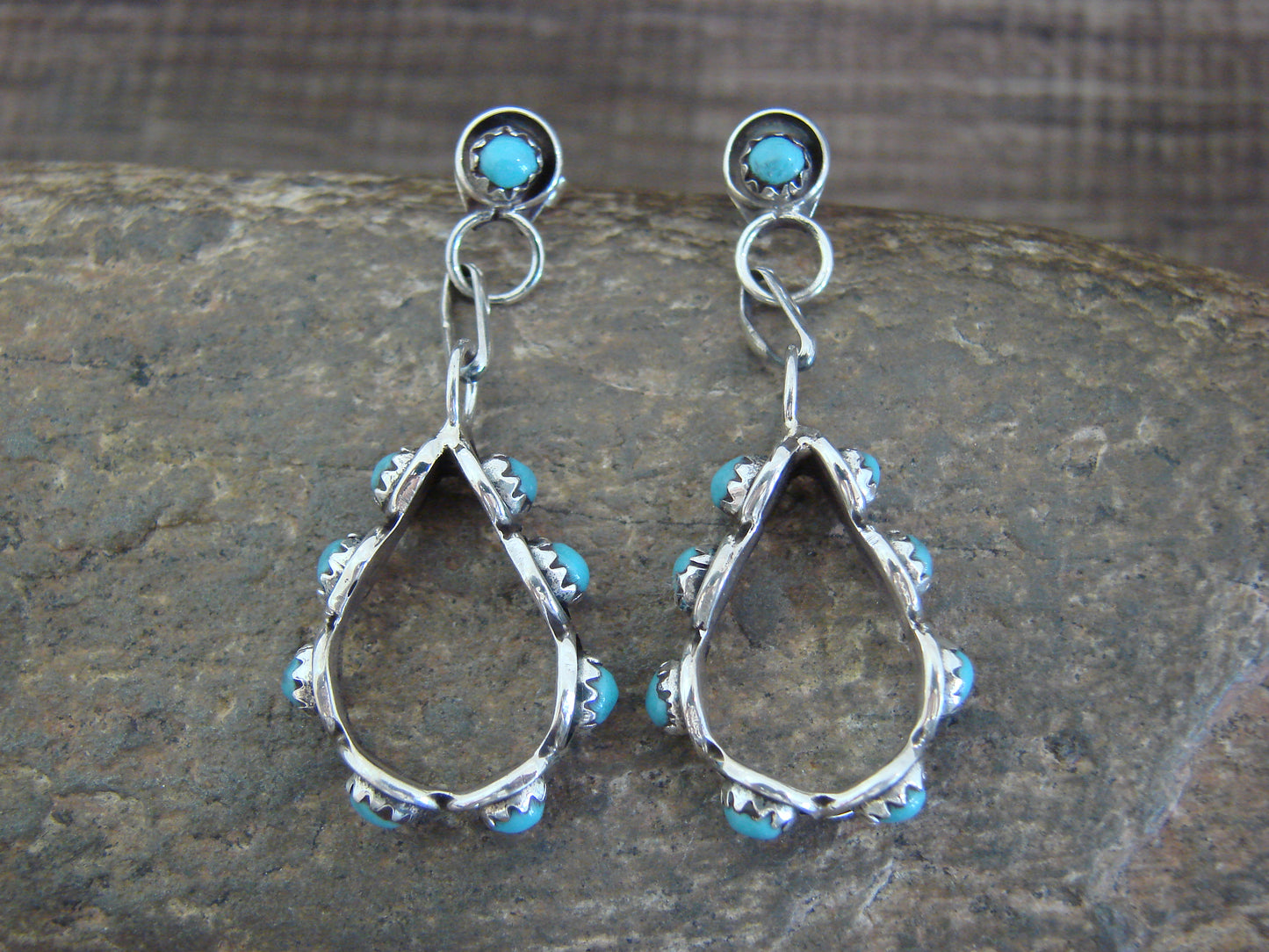 Native American Sterling Silver & Turquoise Post Dangle Earrings - Quam