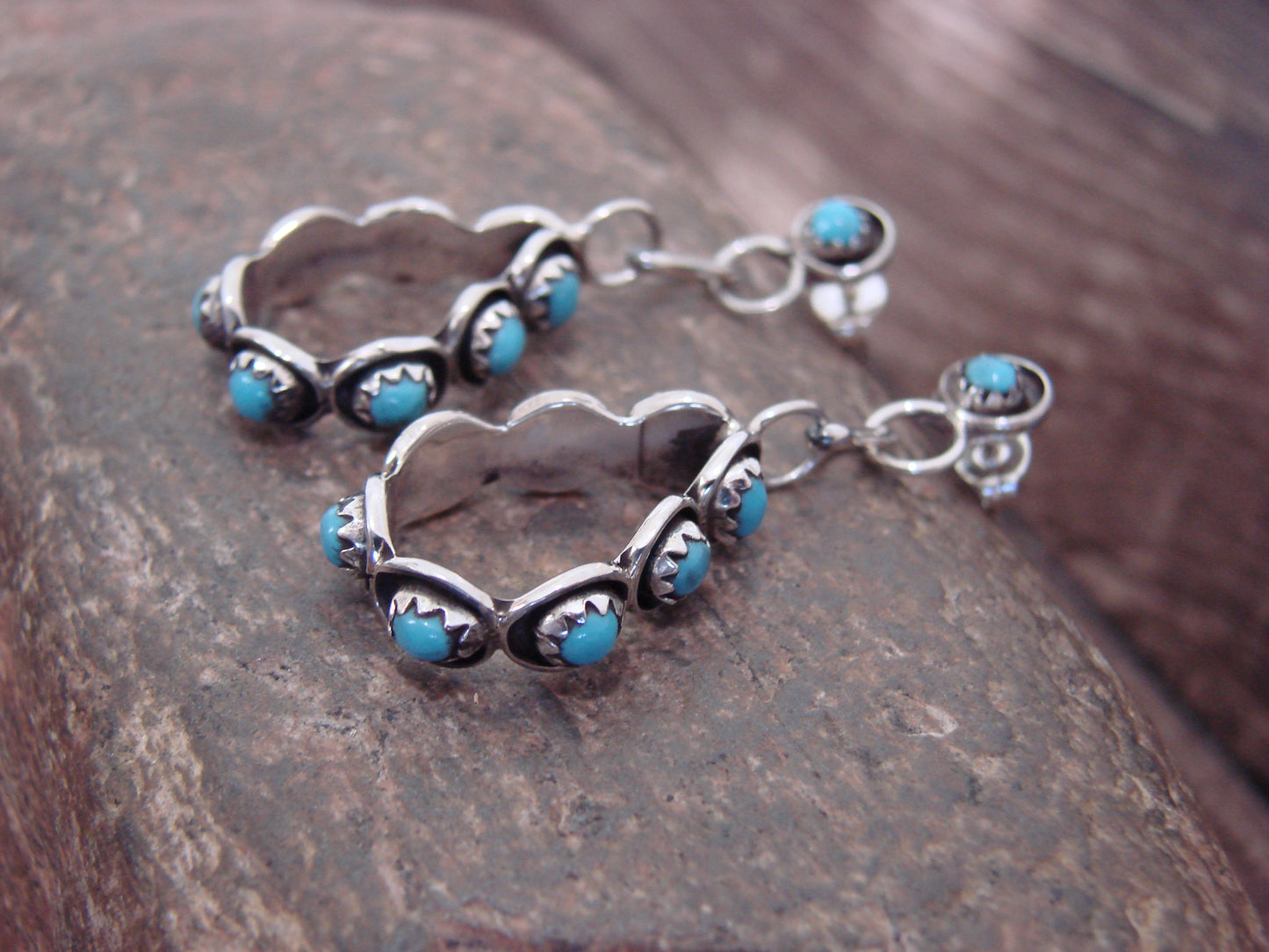 Native American Sterling Silver & Turquoise Post Dangle Earrings - Quam