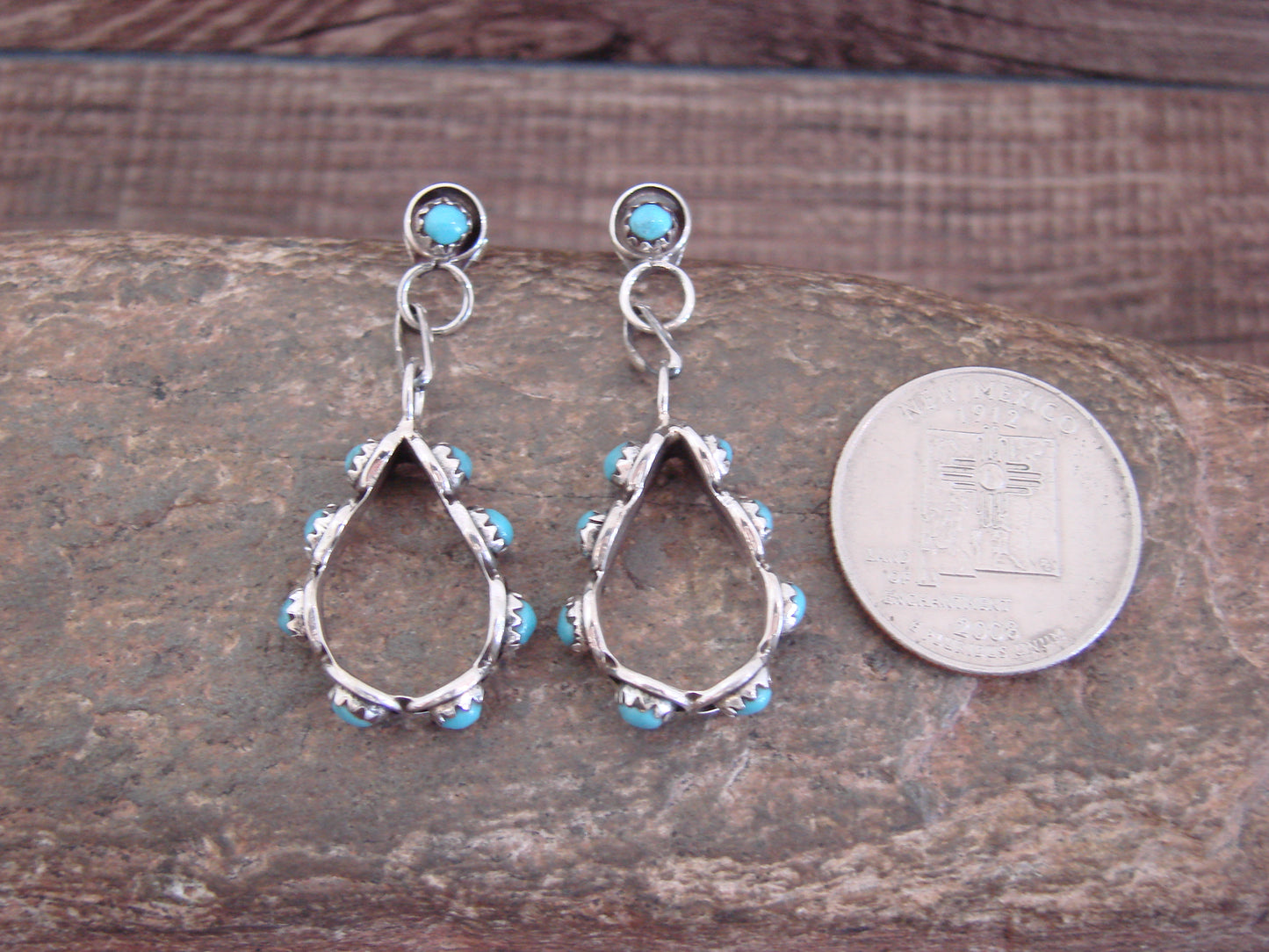 Native American Sterling Silver & Turquoise Post Dangle Earrings - Quam