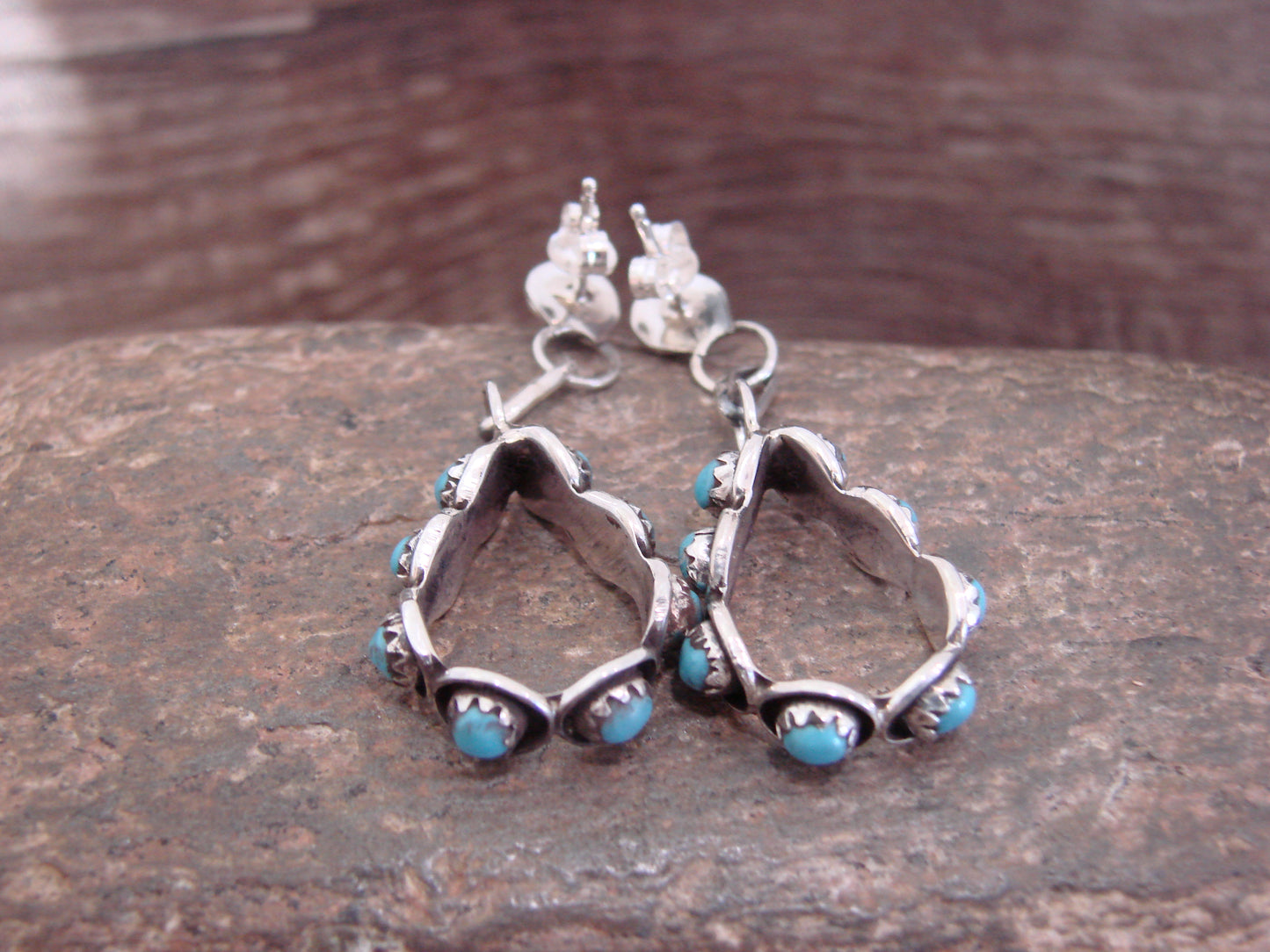 Native American Sterling Silver & Turquoise Post Dangle Earrings - Quam