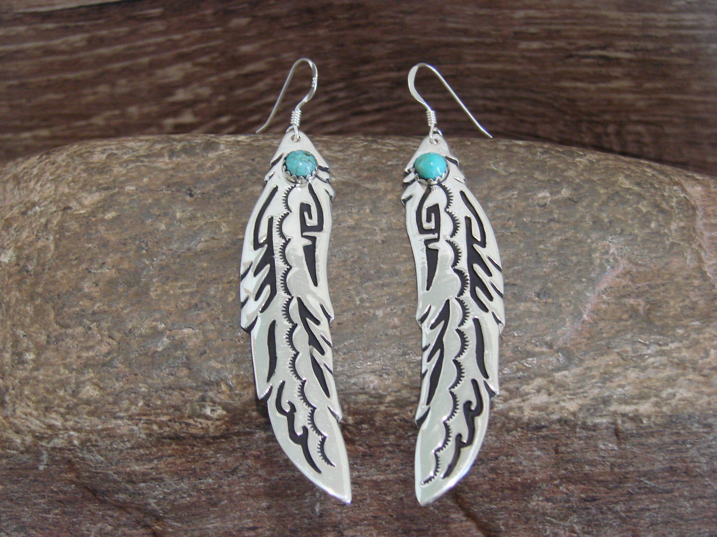 Native American Sterling Silver Feather & Turquoise Petroglyph Dangle Earrings - Singer