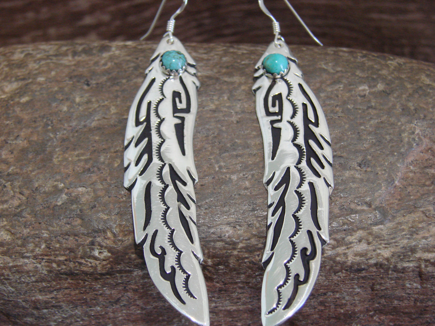 Native American Sterling Silver Feather & Turquoise Petroglyph Dangle Earrings - Singer