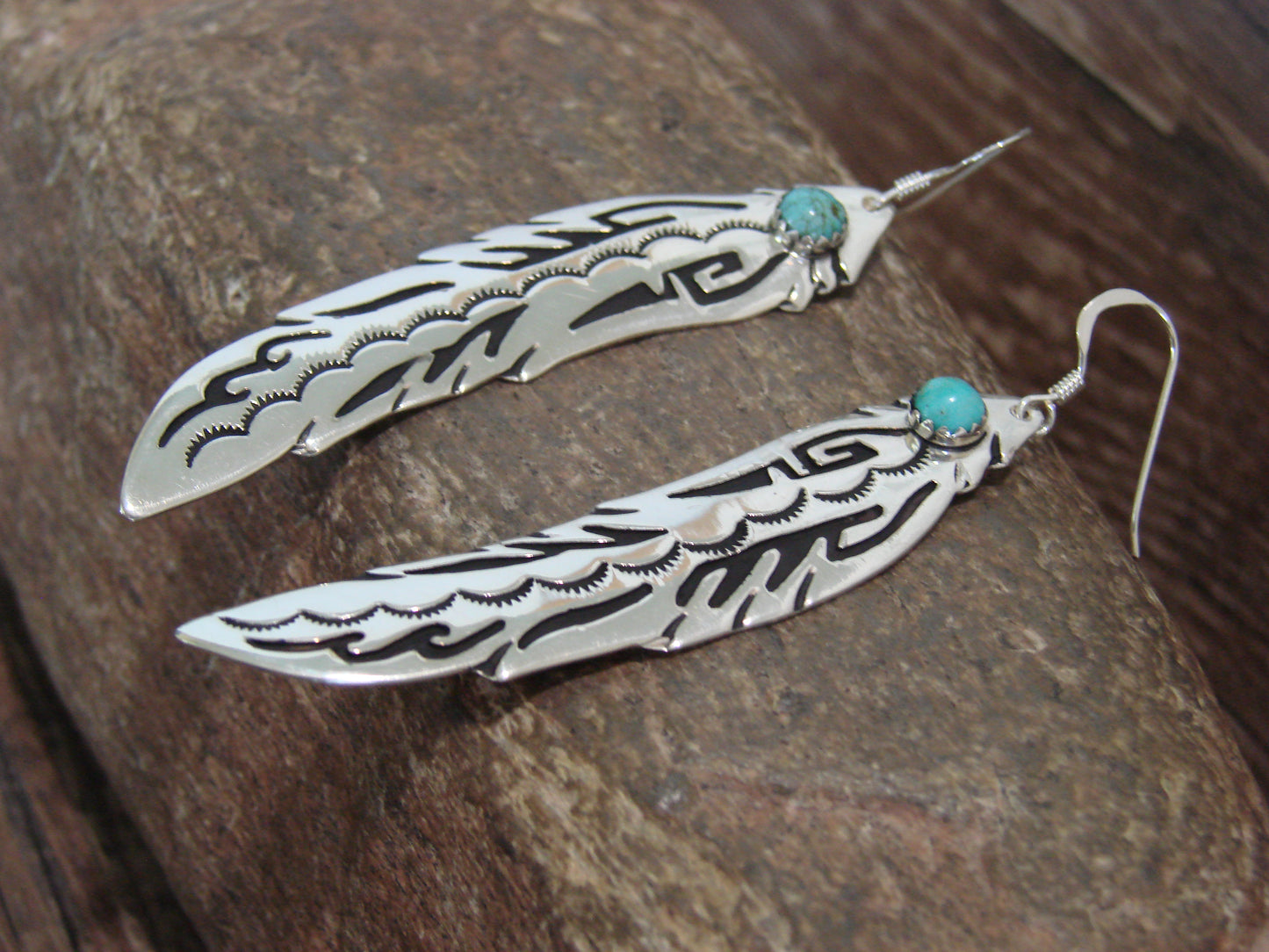 Native American Sterling Silver Feather & Turquoise Petroglyph Dangle Earrings - Singer