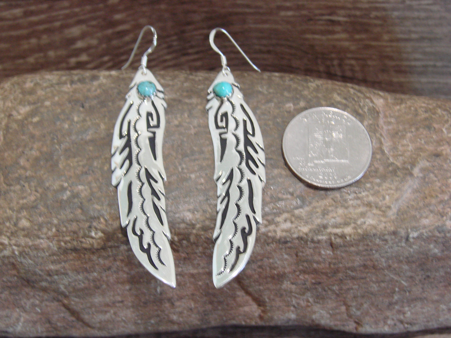 Native American Sterling Silver Feather & Turquoise Petroglyph Dangle Earrings - Singer