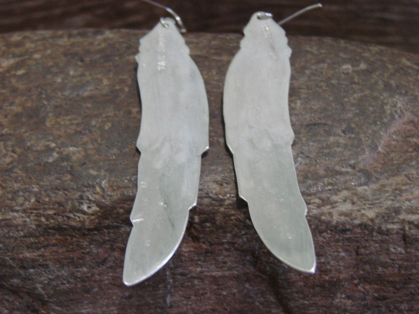 Native American Sterling Silver Feather & Turquoise Petroglyph Dangle Earrings - Singer