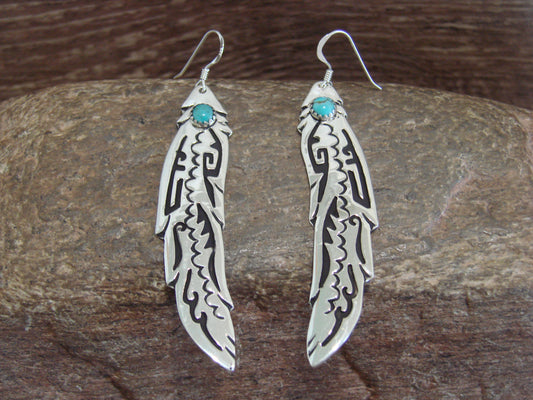 Native American Sterling Silver Feather & Turquoise Petroglyph Dangle Earrings - Singer