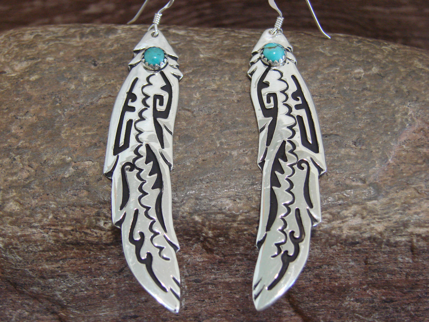 Native American Sterling Silver Feather & Turquoise Petroglyph Dangle Earrings - Singer