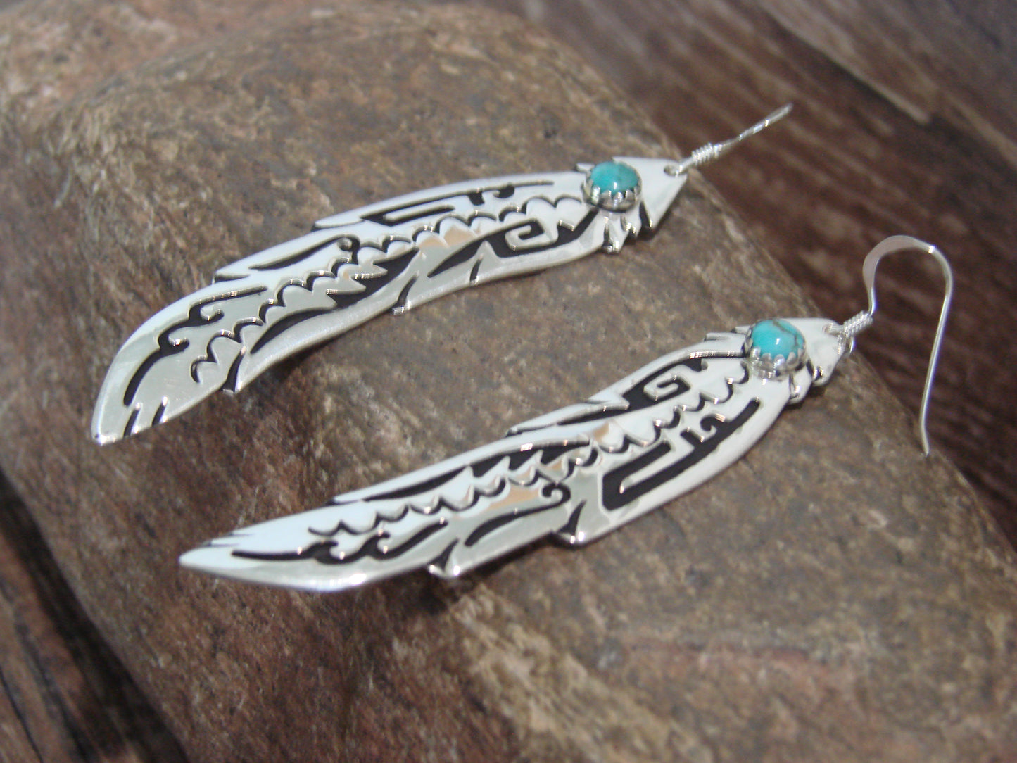 Native American Sterling Silver Feather & Turquoise Petroglyph Dangle Earrings - Singer