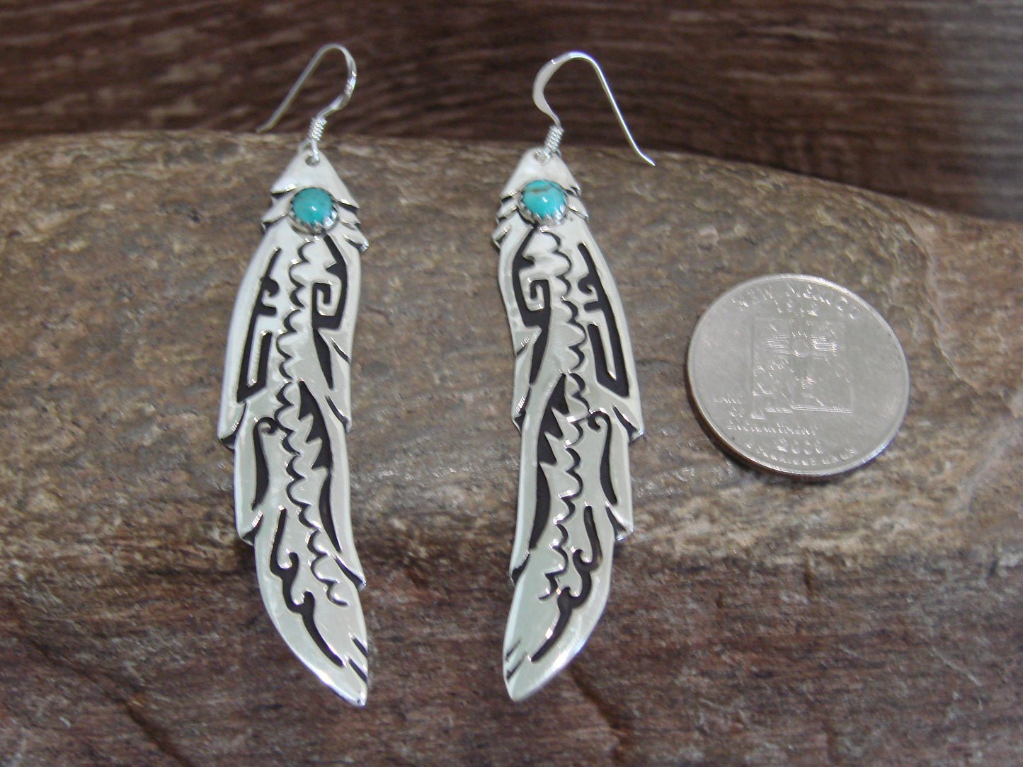 Native American Sterling Silver Feather & Turquoise Petroglyph Dangle Earrings - Singer