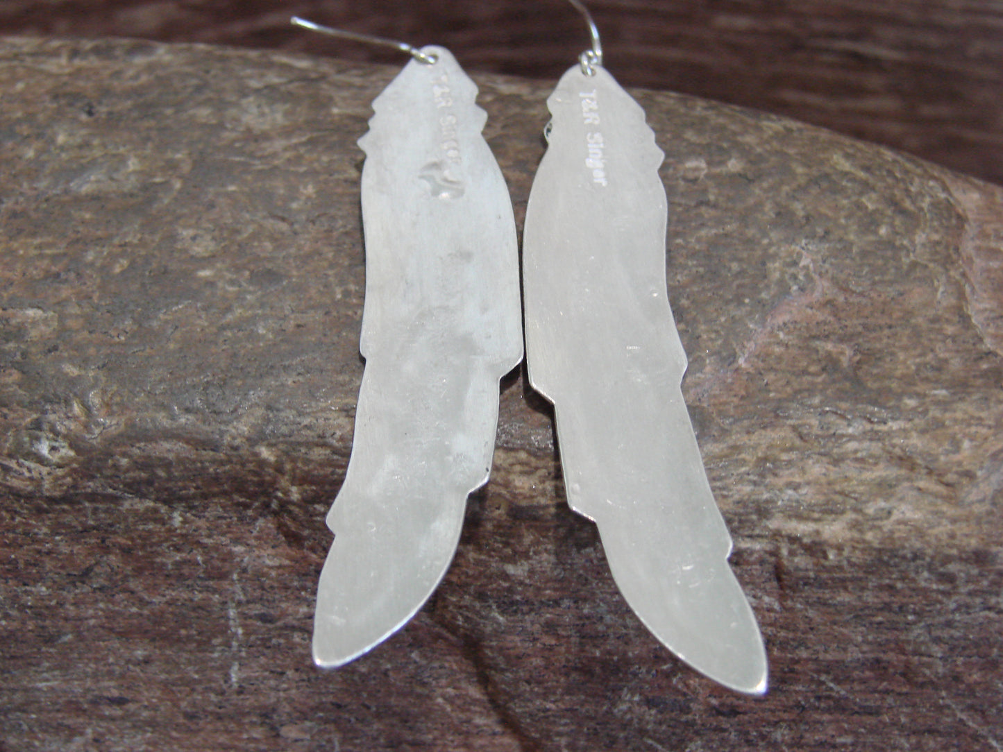 Native American Sterling Silver Feather & Turquoise Petroglyph Dangle Earrings - Singer