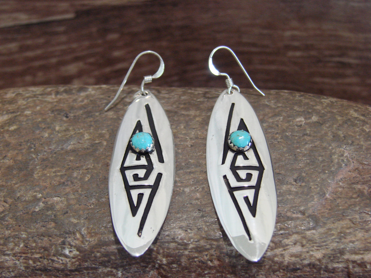 Native American Sterling Silver Feather & Turquoise Petroglyph Dangle Earrings - Singer