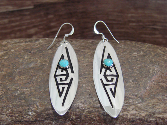 Native American Sterling Silver Feather & Turquoise Petroglyph Dangle Earrings - Singer