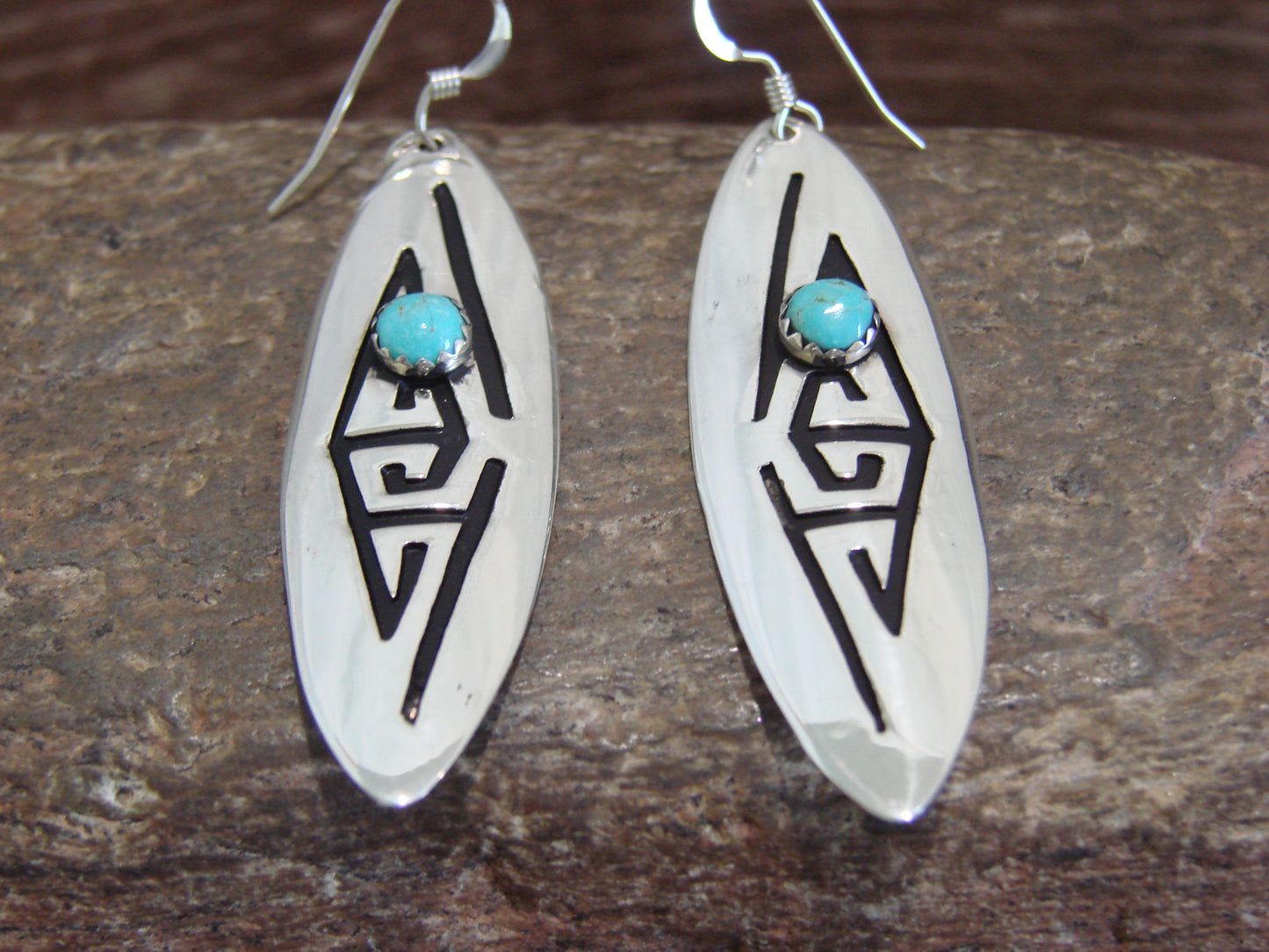 Native American Sterling Silver Feather & Turquoise Petroglyph Dangle Earrings - Singer