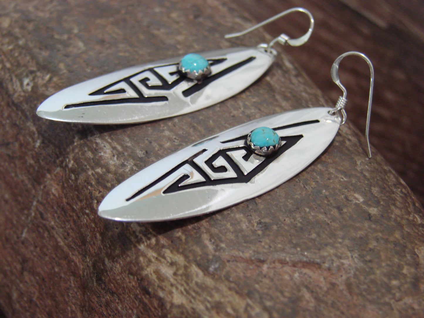 Native American Sterling Silver Feather & Turquoise Petroglyph Dangle Earrings - Singer