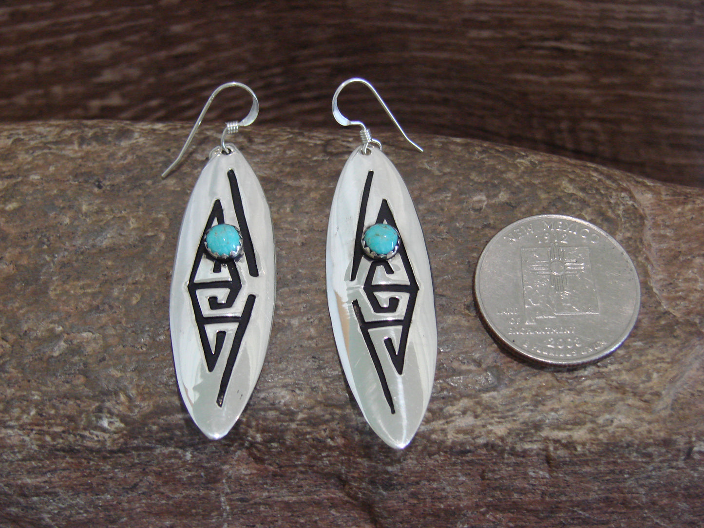 Native American Sterling Silver Feather & Turquoise Petroglyph Dangle Earrings - Singer
