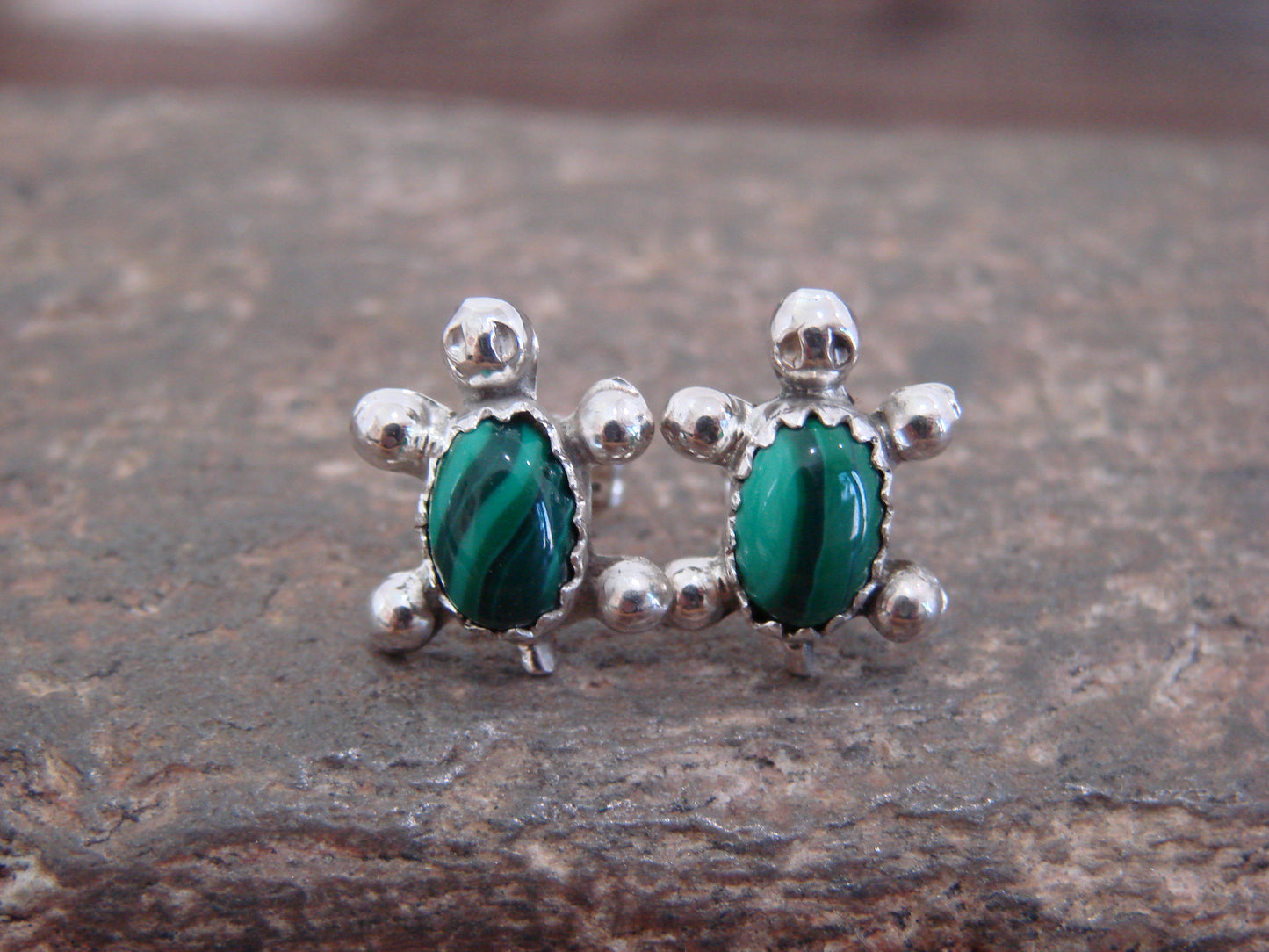 Native American Sterling Silver Malachite Turtle Post Earrings by Kinsel