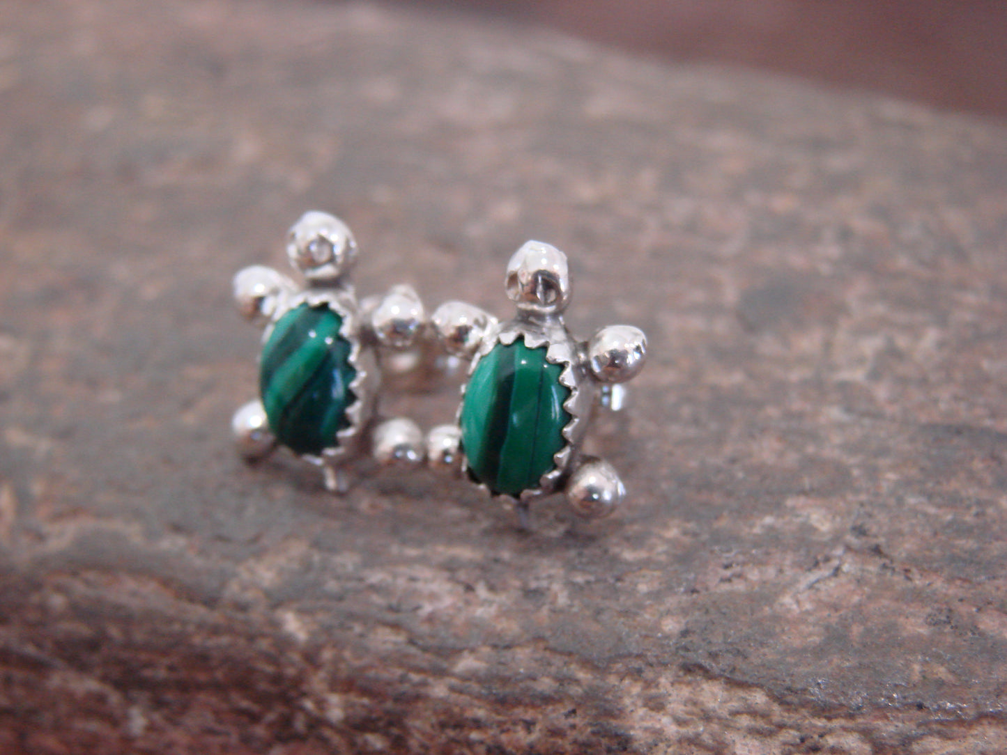 Native American Sterling Silver Malachite Turtle Post Earrings by Kinsel