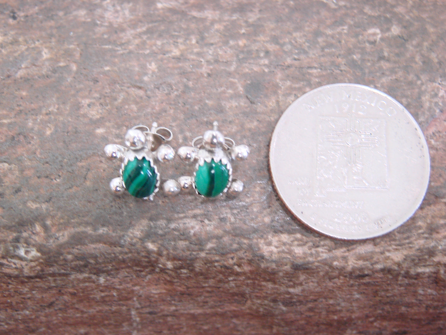 Native American Sterling Silver Malachite Turtle Post Earrings by Kinsel