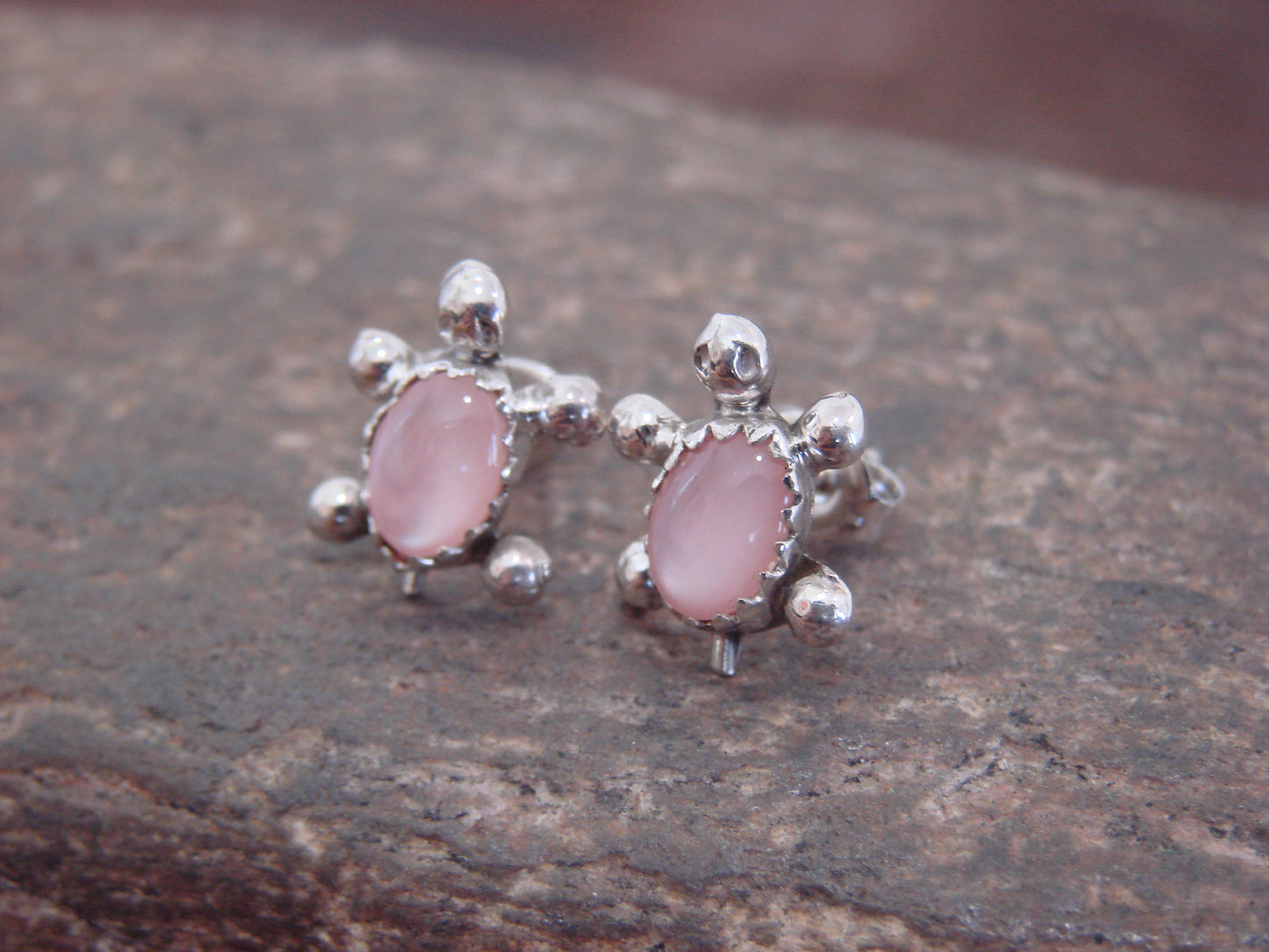 Native American Sterling Silver Pink Shell Turtle Post Earrings by Kinsel