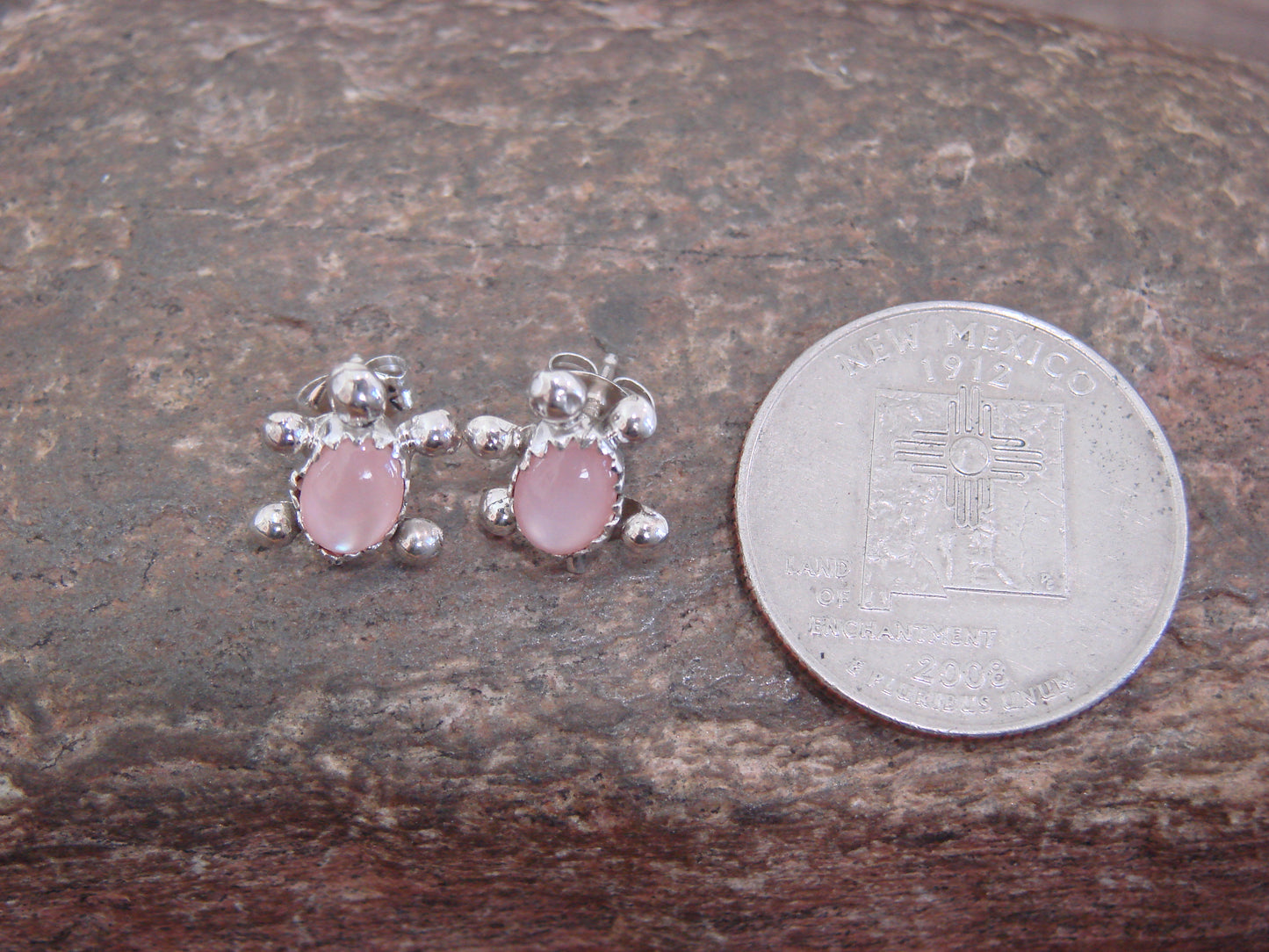 Native American Sterling Silver Pink Shell Turtle Post Earrings by Kinsel