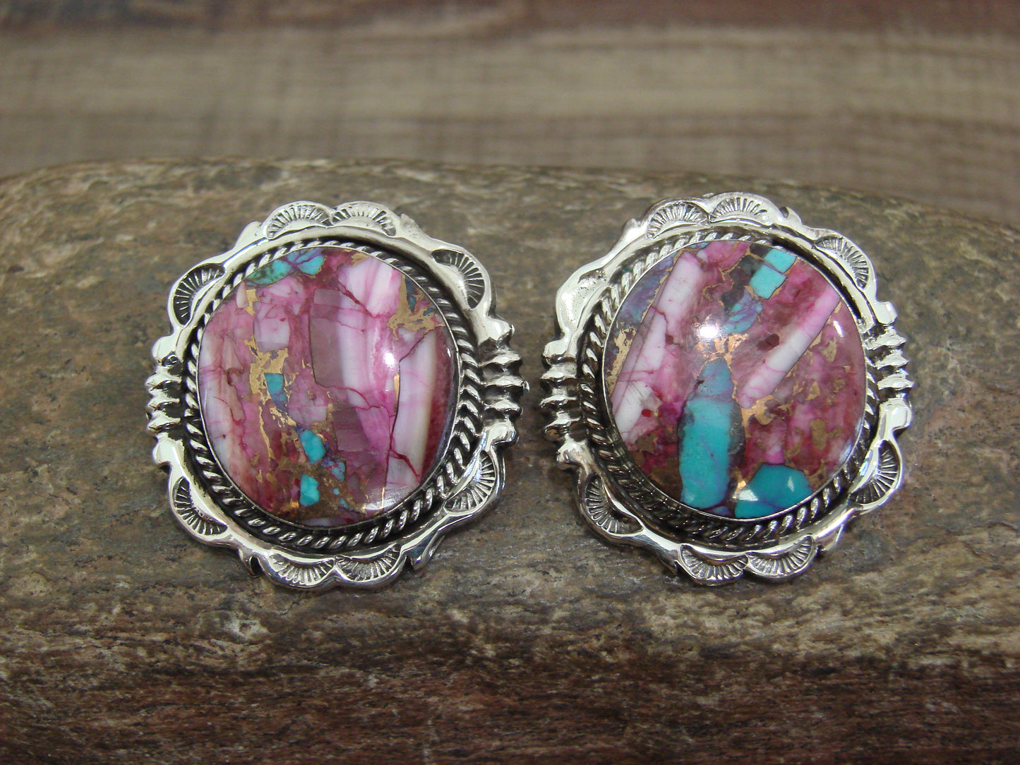 Native American Sterling Silver Bronze Infused Kingman Turquoise Post Earrings - Smith