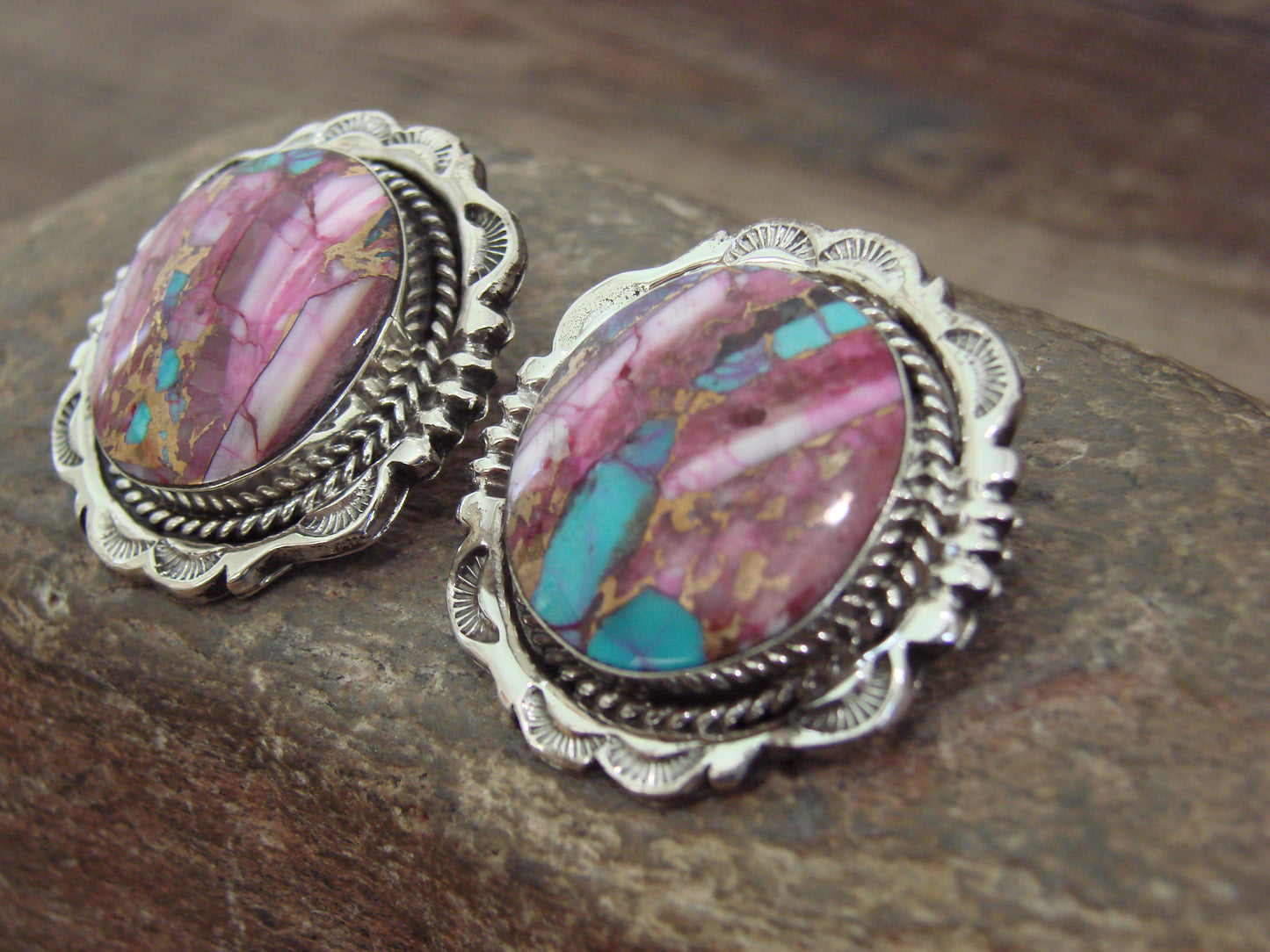 Native American Sterling Silver Bronze Infused Kingman Turquoise Post Earrings - Smith